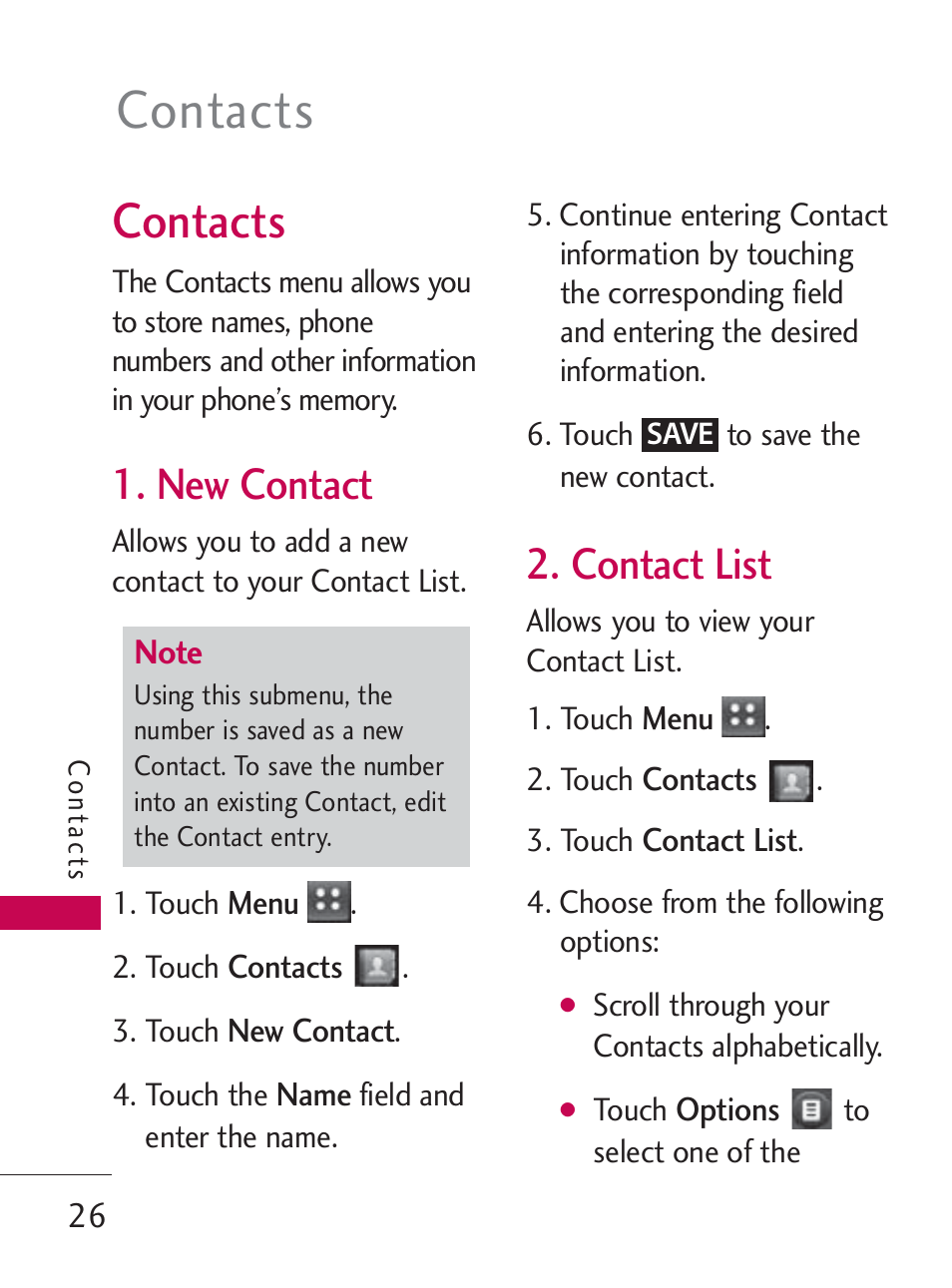 Contacts, New contact, Contact list | LG LG505C User Manual | Page 28 / 245