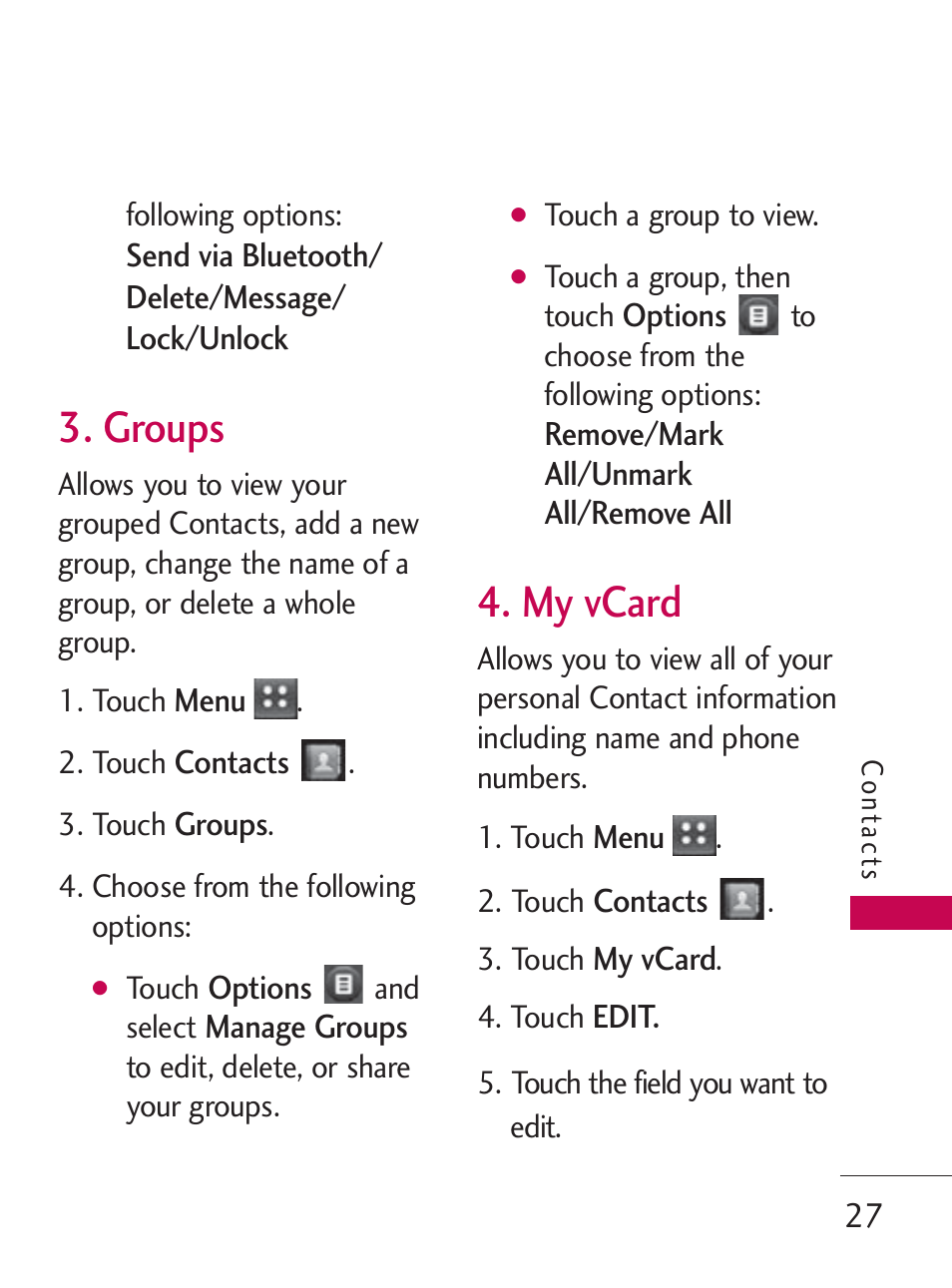 Groups, My vcard | LG LG505C User Manual | Page 29 / 245