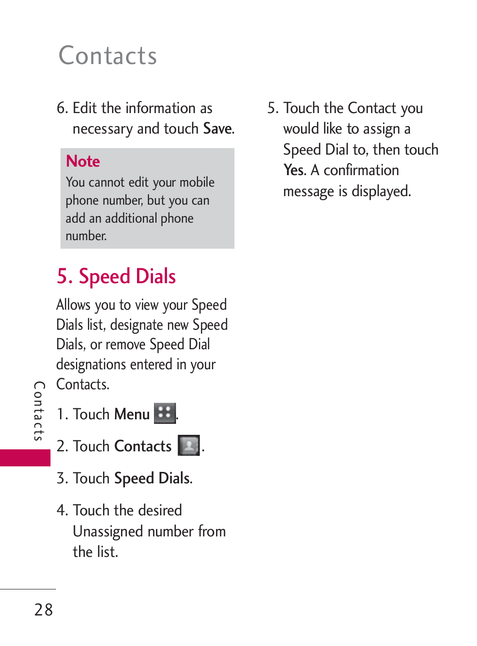 Contacts, Speed dials | LG LG505C User Manual | Page 30 / 245