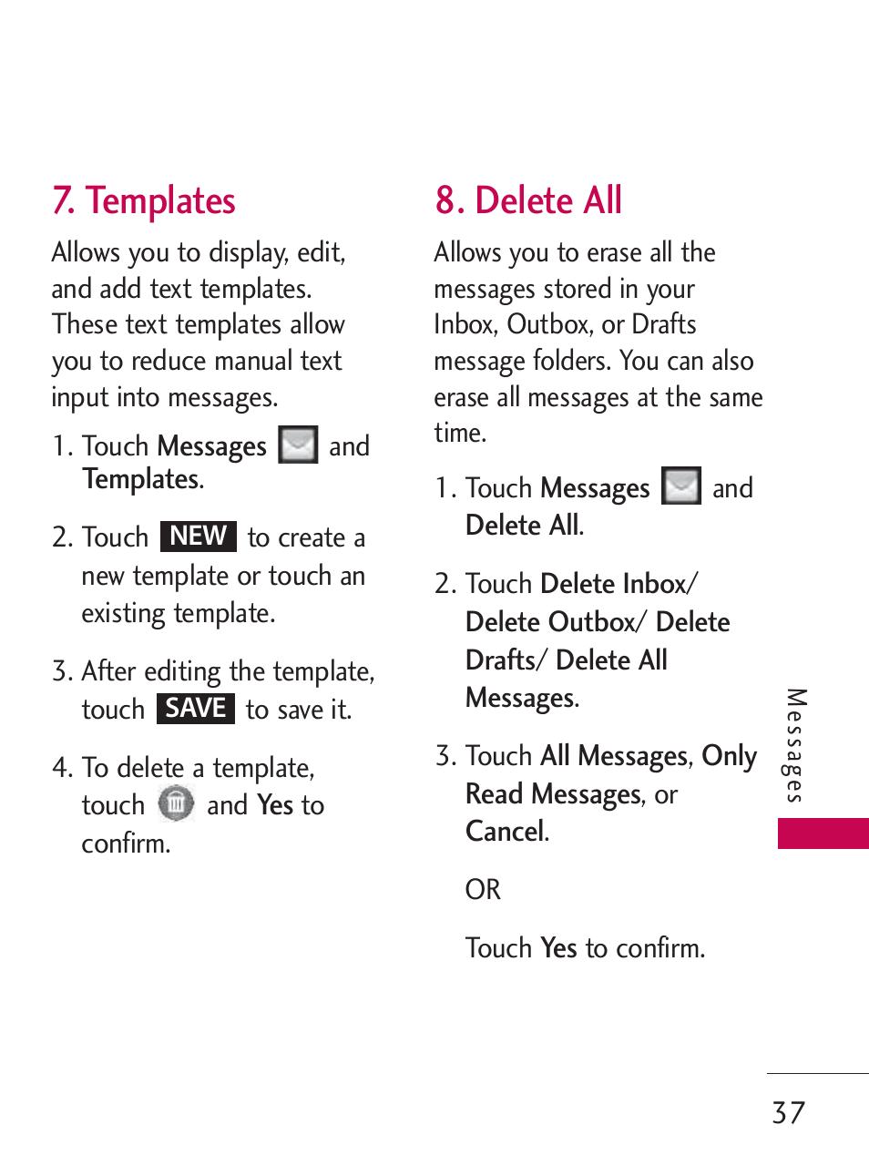 Templates, Delete all | LG LG505C User Manual | Page 39 / 245