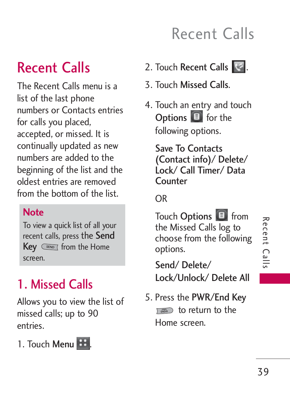 Recent calls, Missed calls | LG LG505C User Manual | Page 41 / 245