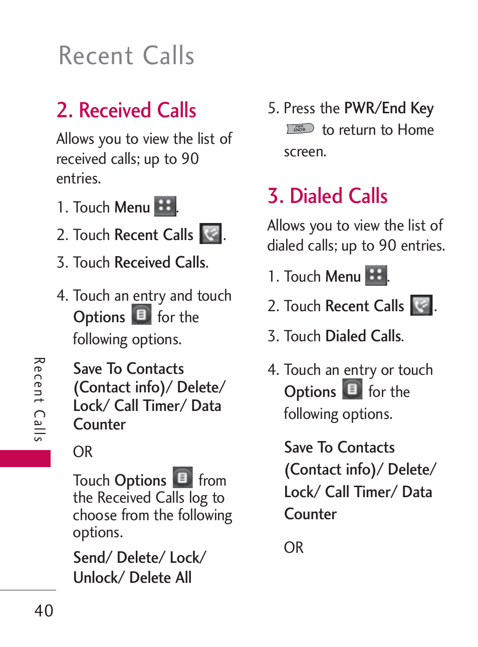 Recent calls, Received calls, Dialed calls | LG LG505C User Manual | Page 42 / 245