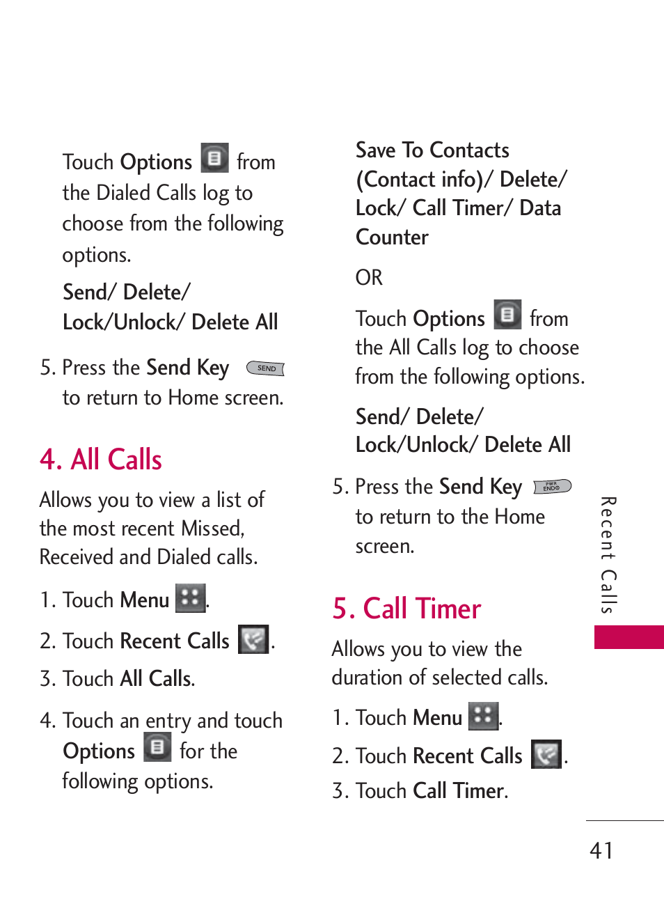 All calls, Call timer | LG LG505C User Manual | Page 43 / 245