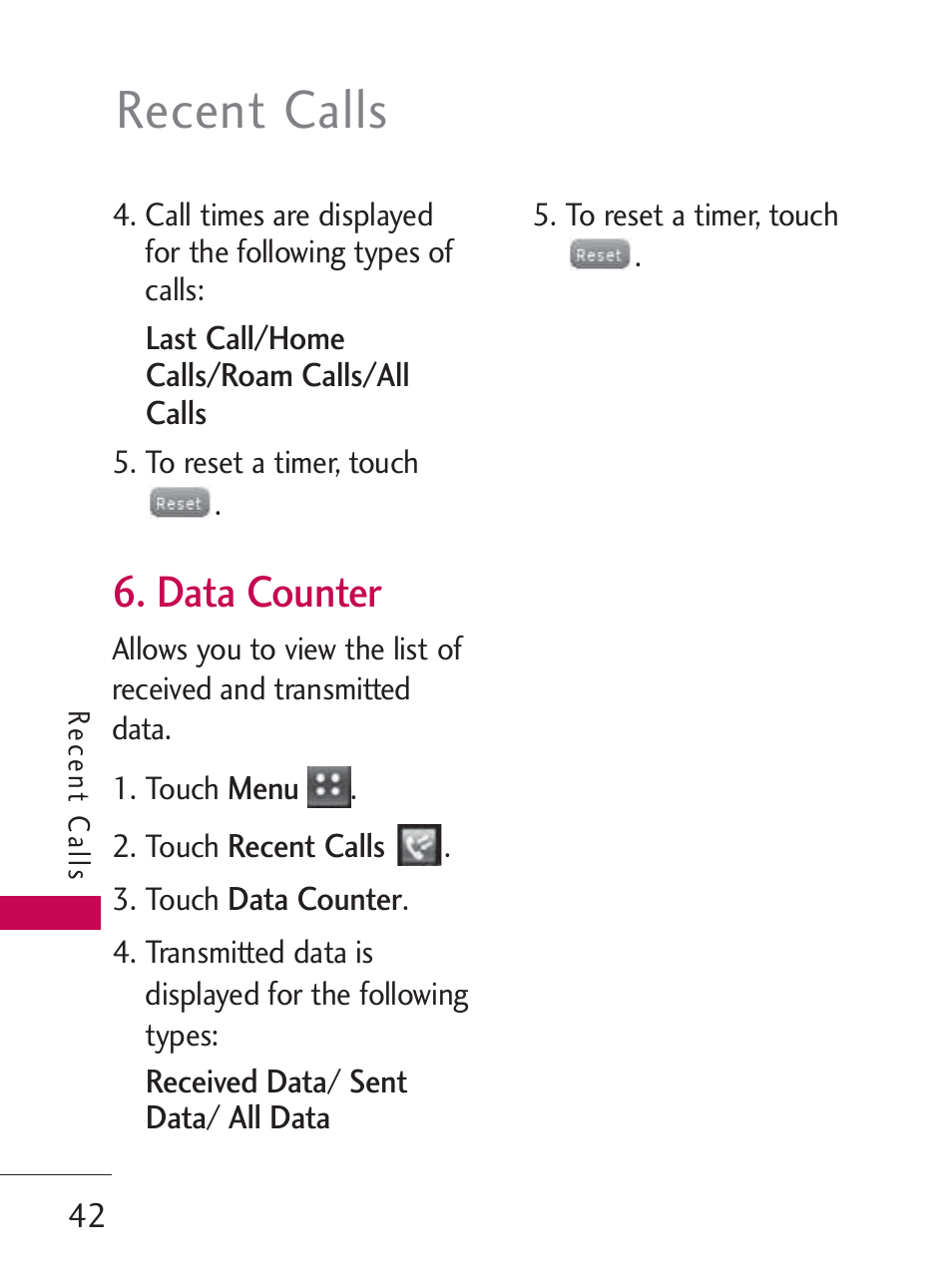 Recent calls, Data counter | LG LG505C User Manual | Page 44 / 245