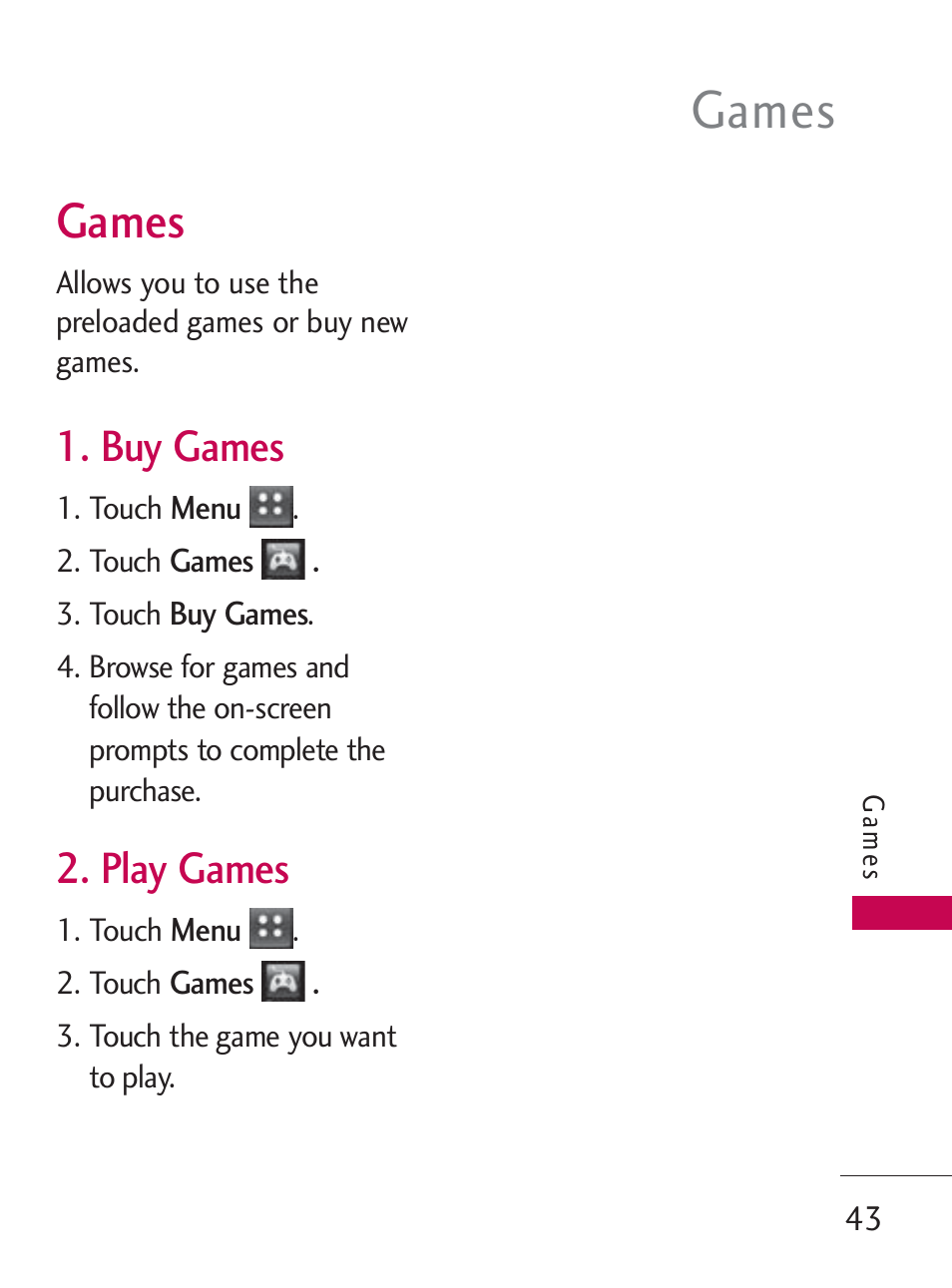 Games, Buy games, Play games | LG LG505C User Manual | Page 45 / 245