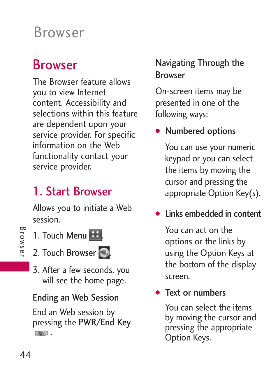 Browser, Start browser | LG LG505C User Manual | Page 46 / 245