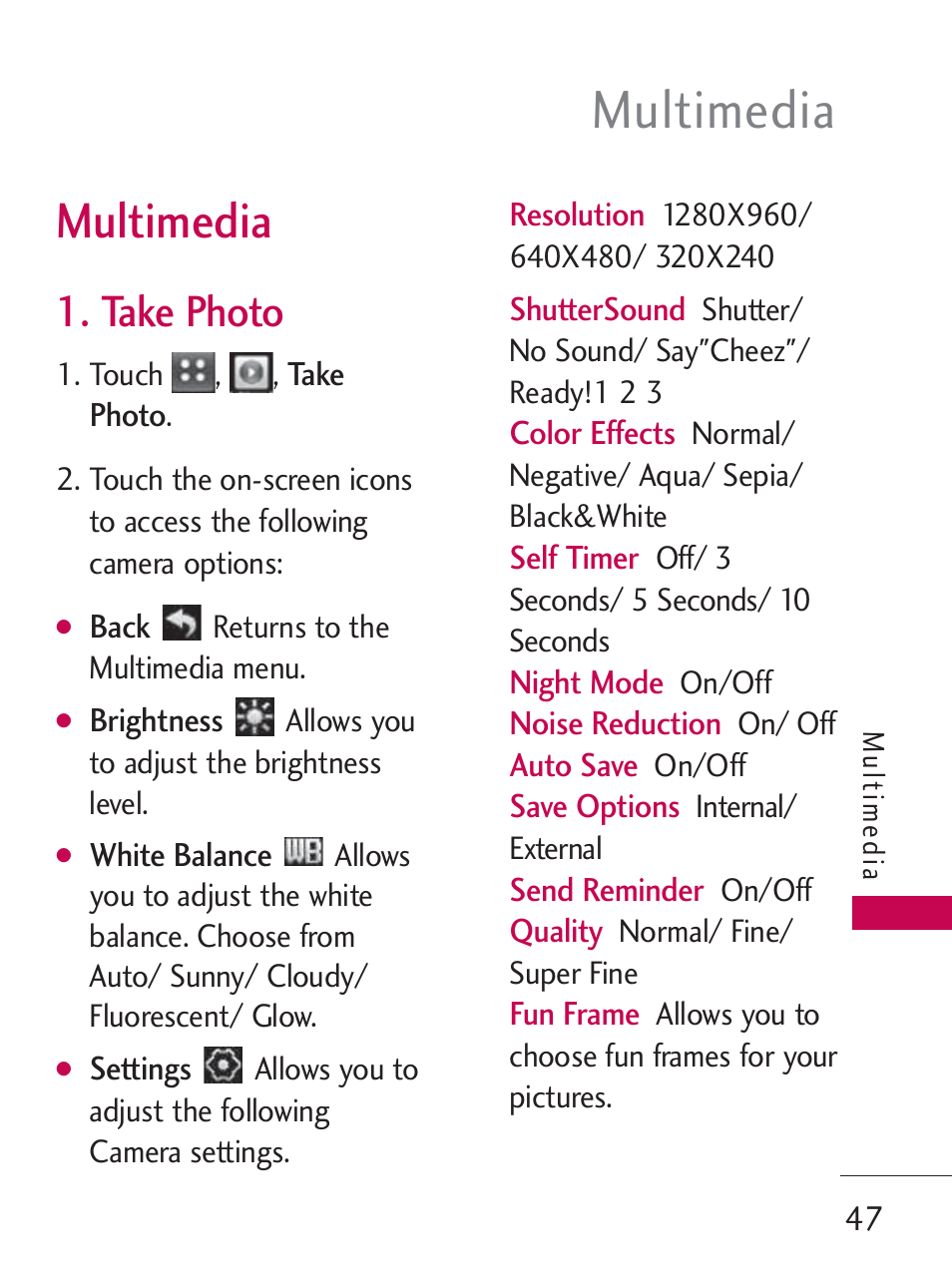 Multimedia, Take photo | LG LG505C User Manual | Page 49 / 245