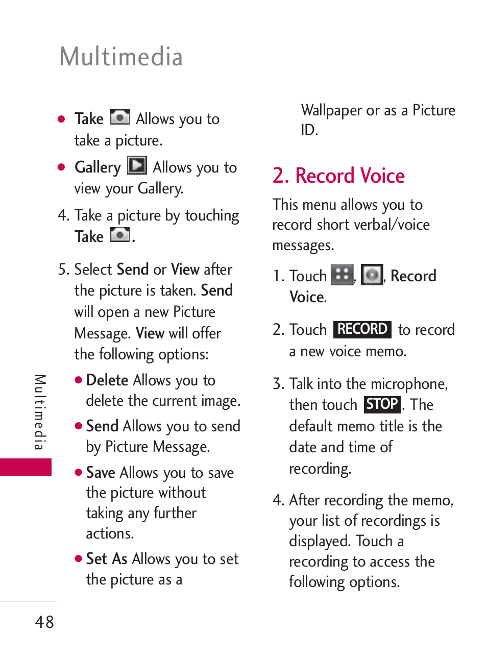 Multimedia, Record voice | LG LG505C User Manual | Page 50 / 245