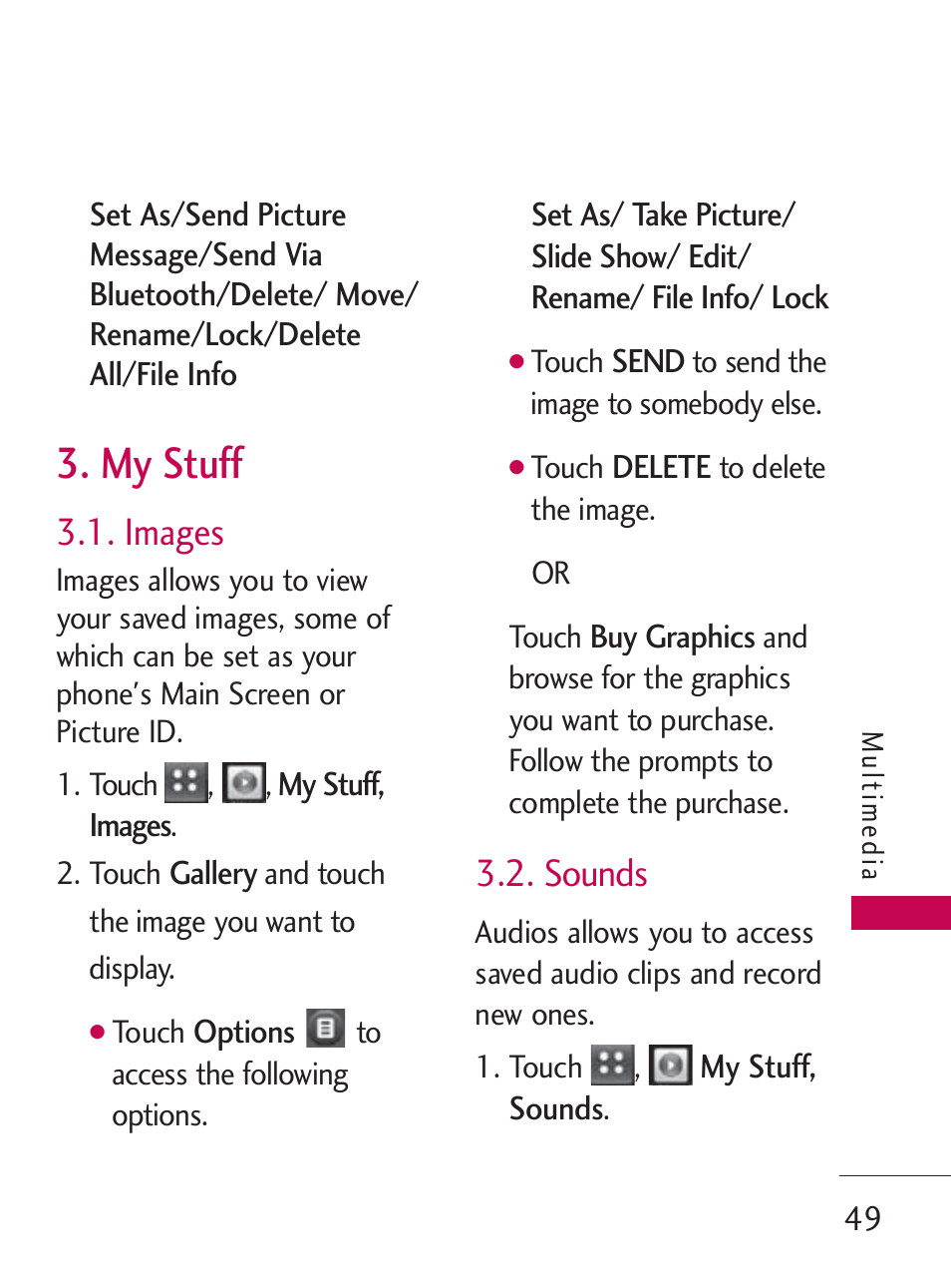 My stuff, Images, Sounds | LG LG505C User Manual | Page 51 / 245