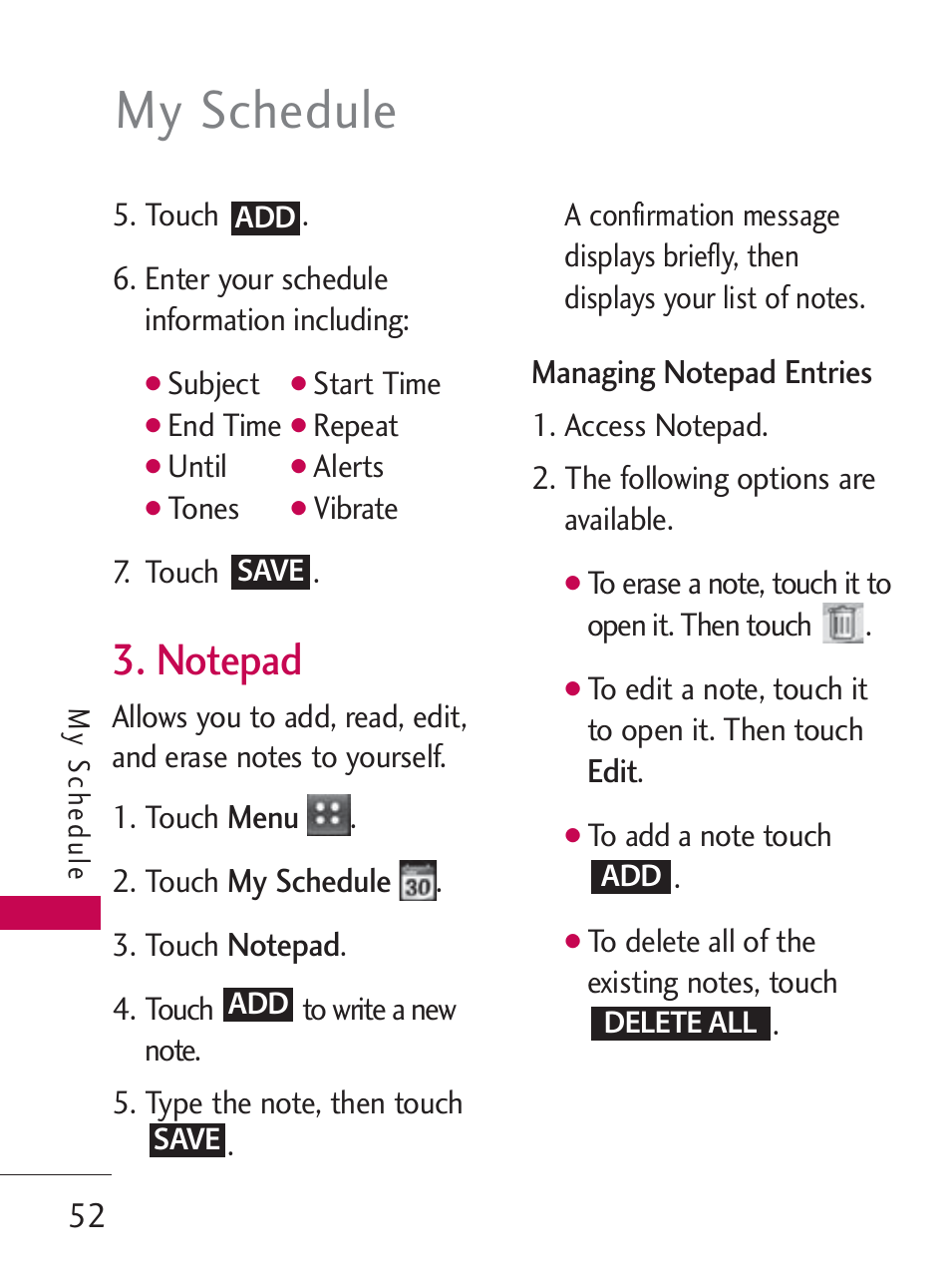 My schedule | LG LG505C User Manual | Page 54 / 245