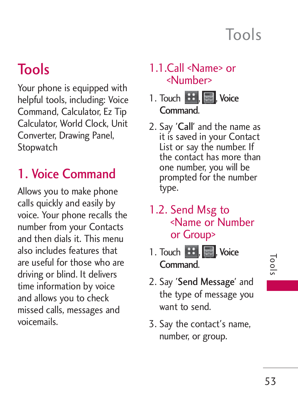 Tools, Voice command | LG LG505C User Manual | Page 55 / 245