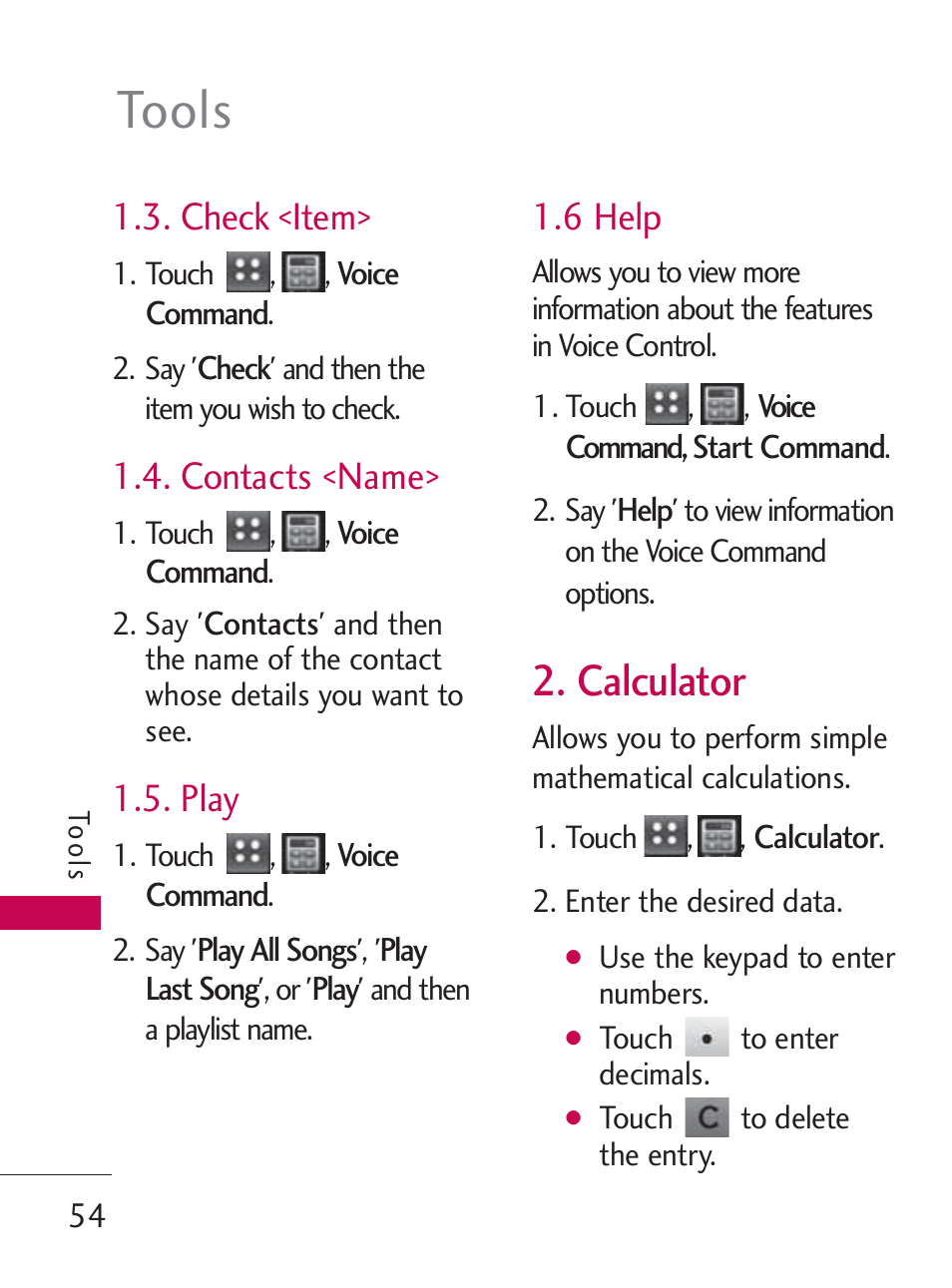 Tools, Calculator, Check <item | Contacts <name, Play, 6 help | LG LG505C User Manual | Page 56 / 245