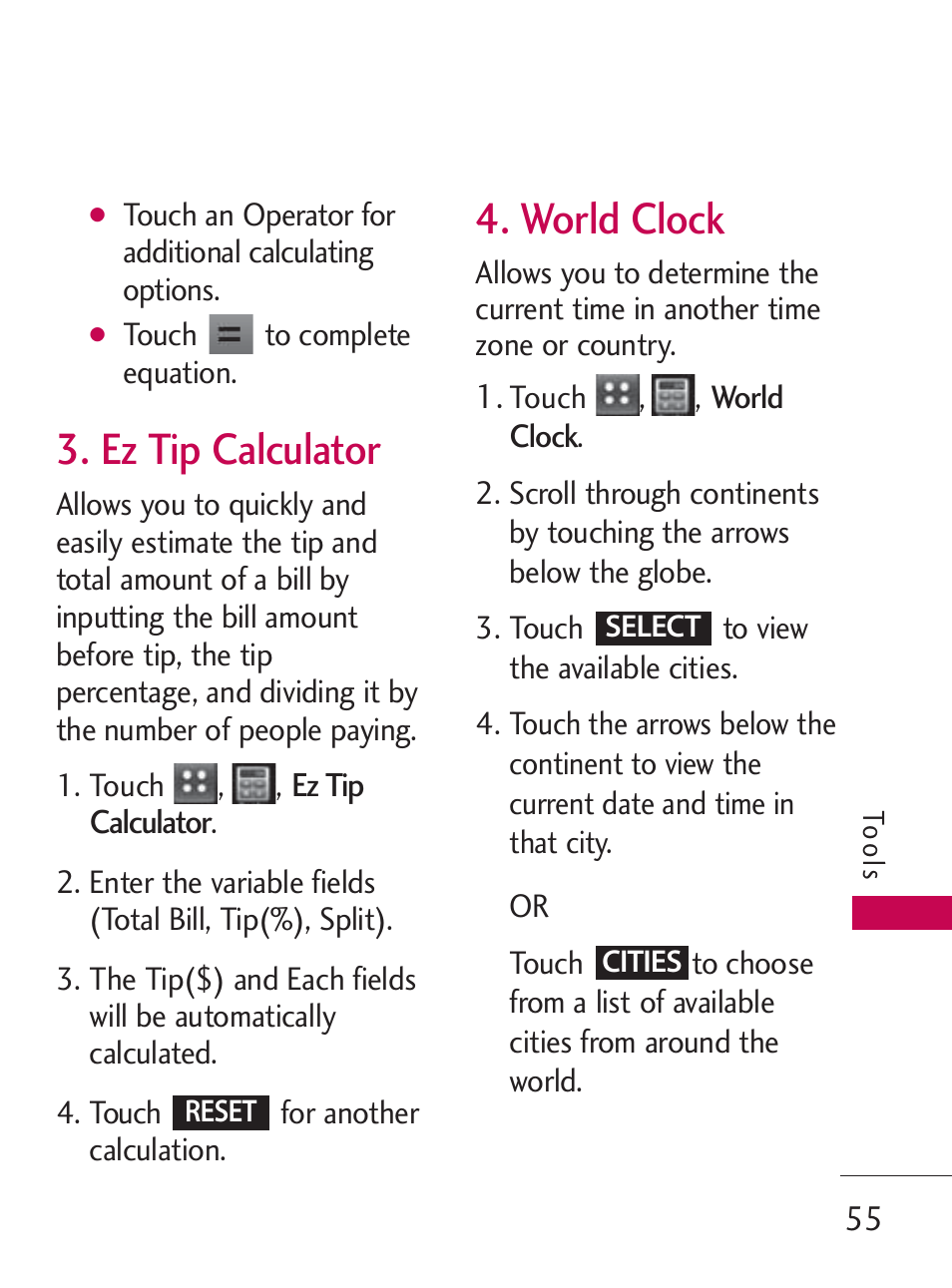 Ez tip calculator, World clock | LG LG505C User Manual | Page 57 / 245