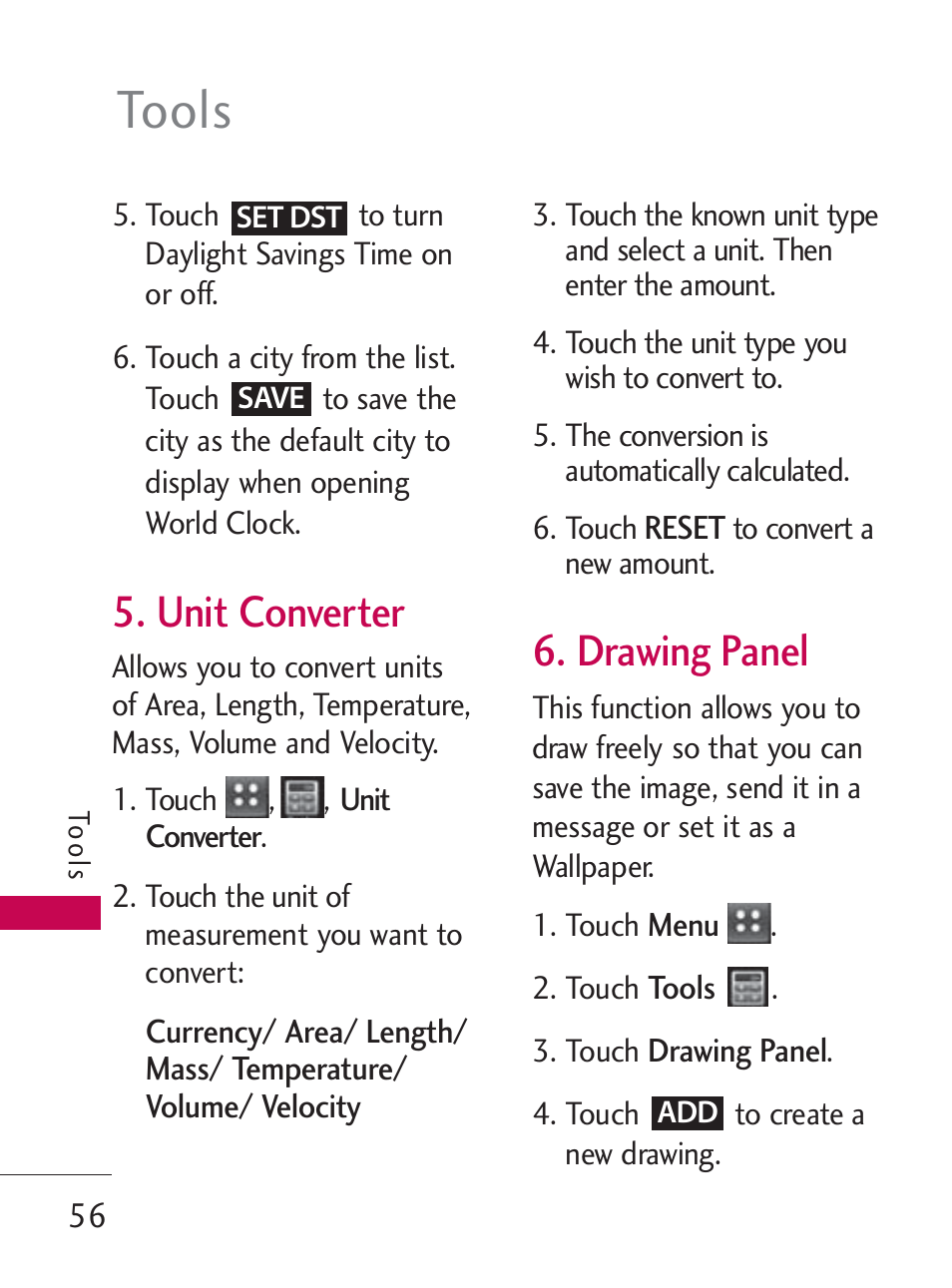 Tools, Unit converter, Drawing panel | LG LG505C User Manual | Page 58 / 245