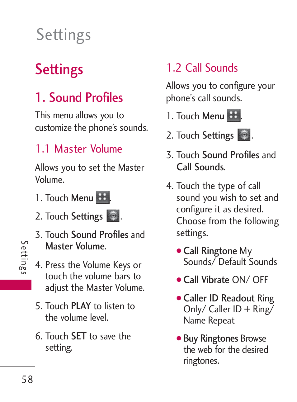 Settings, Sound profiles, 1 master volume | 2 call sounds | LG LG505C User Manual | Page 60 / 245