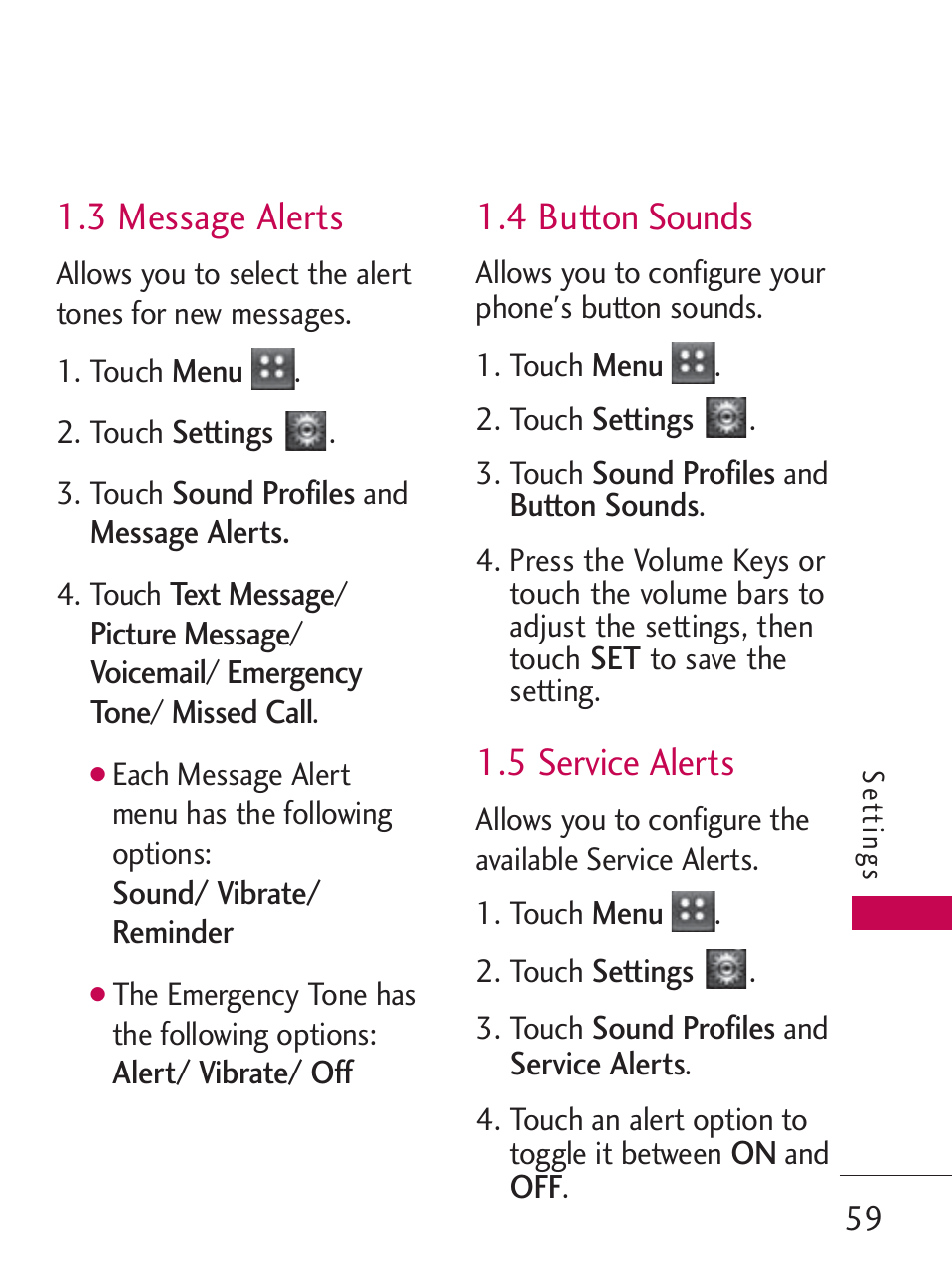 3 message alerts, 4 button sounds, 5 service alerts | LG LG505C User Manual | Page 61 / 245