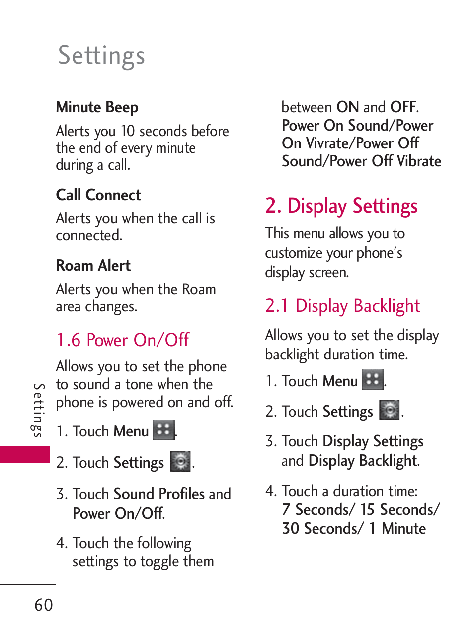 Settings, Display settings, 6 power on/off | 1 display backlight | LG LG505C User Manual | Page 62 / 245