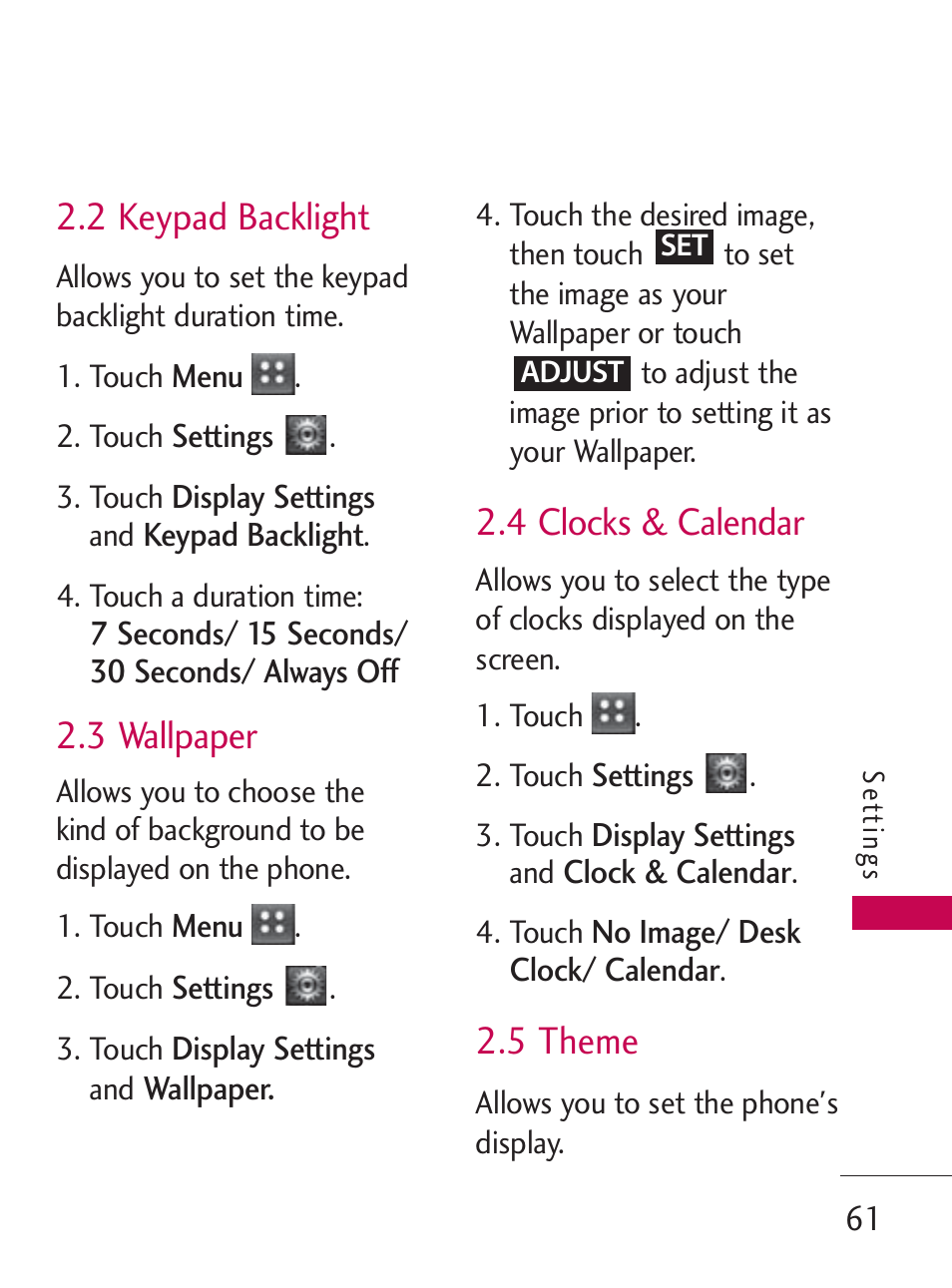 2 keypad backlight, 3 wallpaper, 4 clocks & calendar | 5 theme | LG LG505C User Manual | Page 63 / 245