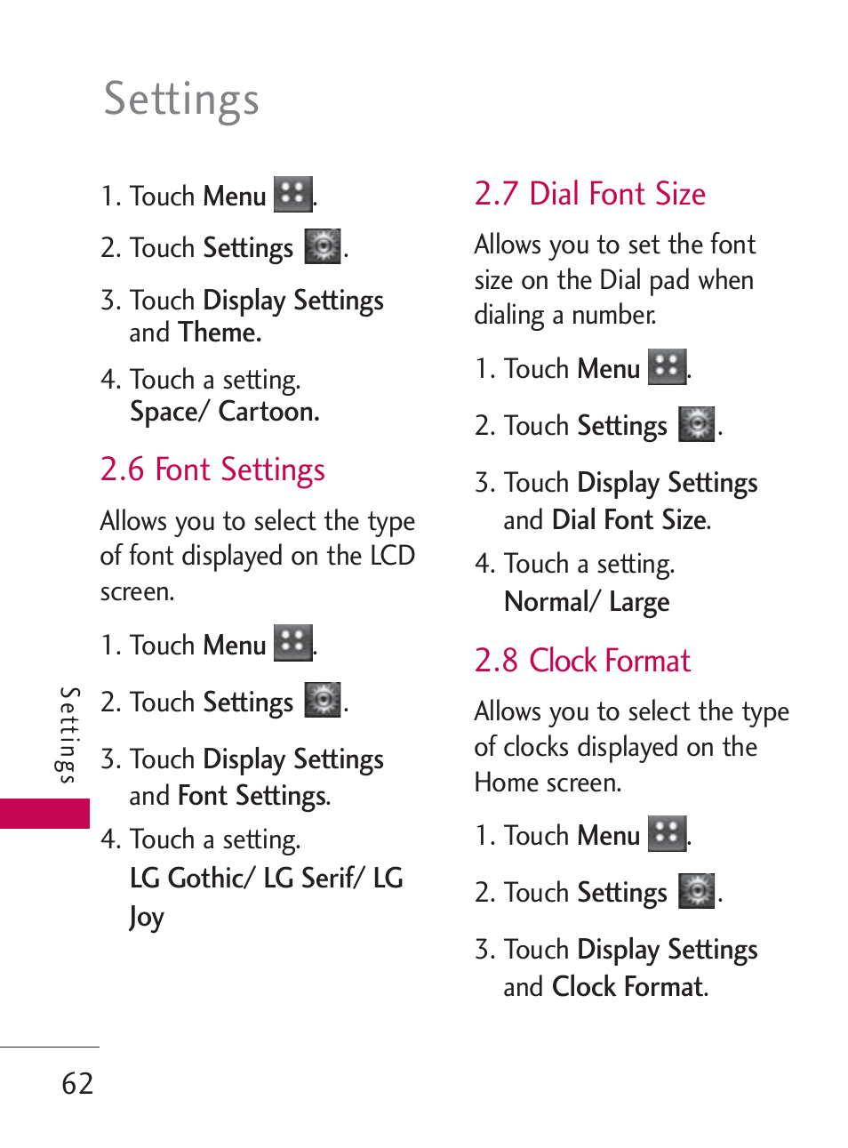 Settings, 6 font settings, 7 dial font size | 8 clock format | LG LG505C User Manual | Page 64 / 245