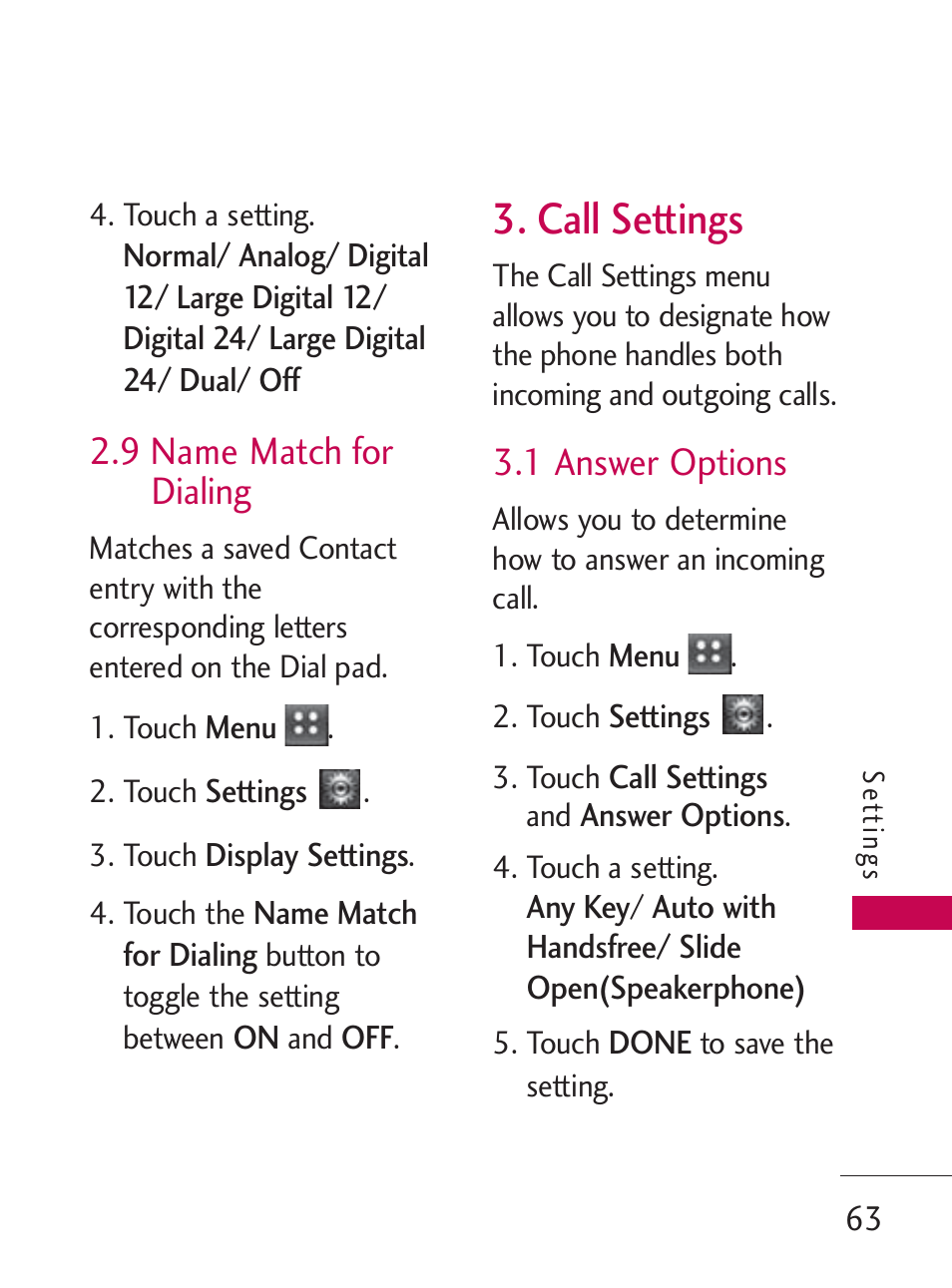 Call settings, 9 name match for dialing, 1 answer options | LG LG505C User Manual | Page 65 / 245