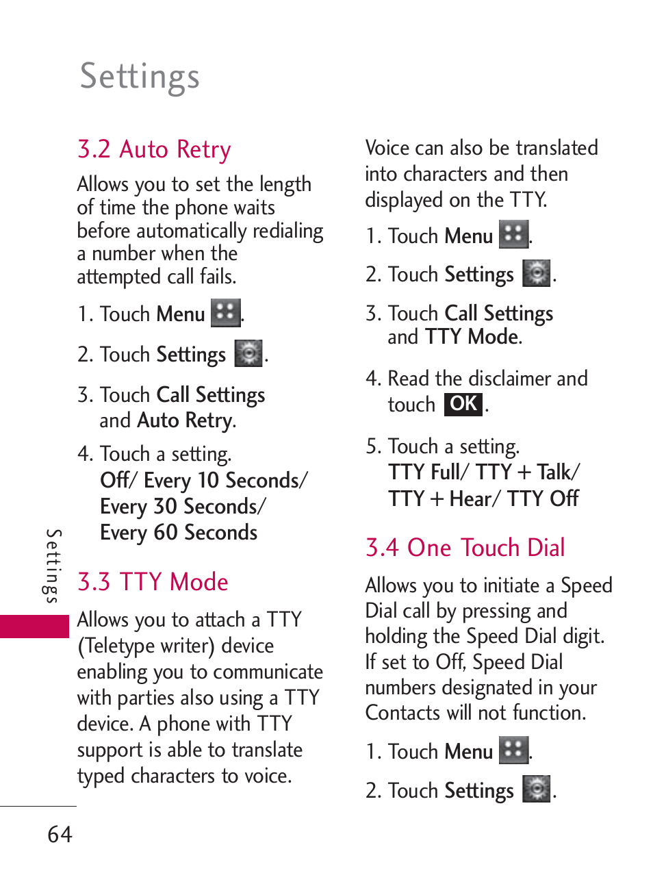 Settings, 2 auto retry, 3 tty mode | 4 one touch dial | LG LG505C User Manual | Page 66 / 245