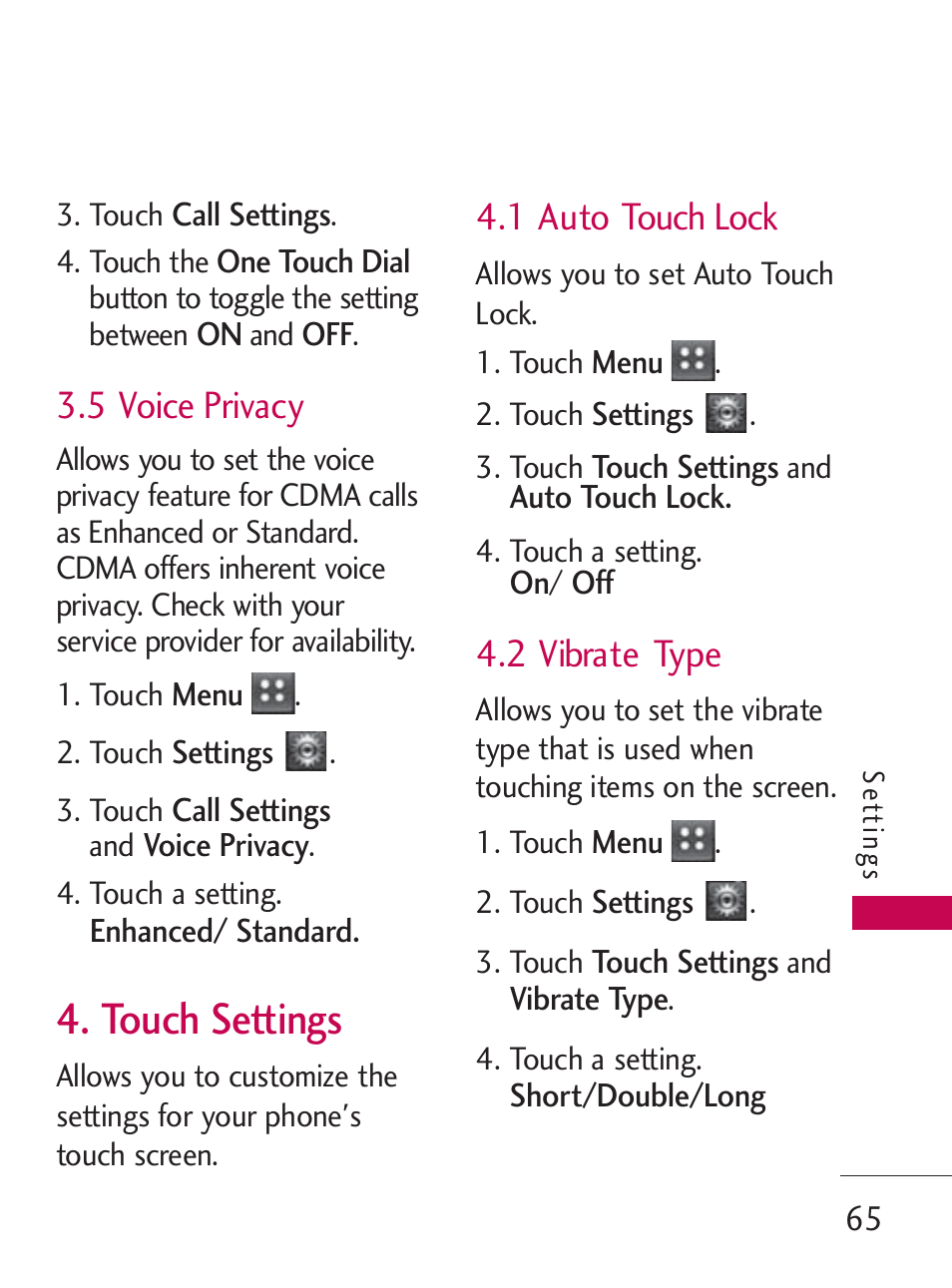 Touch settings, 5 voice privacy, 1 auto touch lock | 2 vibrate type | LG LG505C User Manual | Page 67 / 245