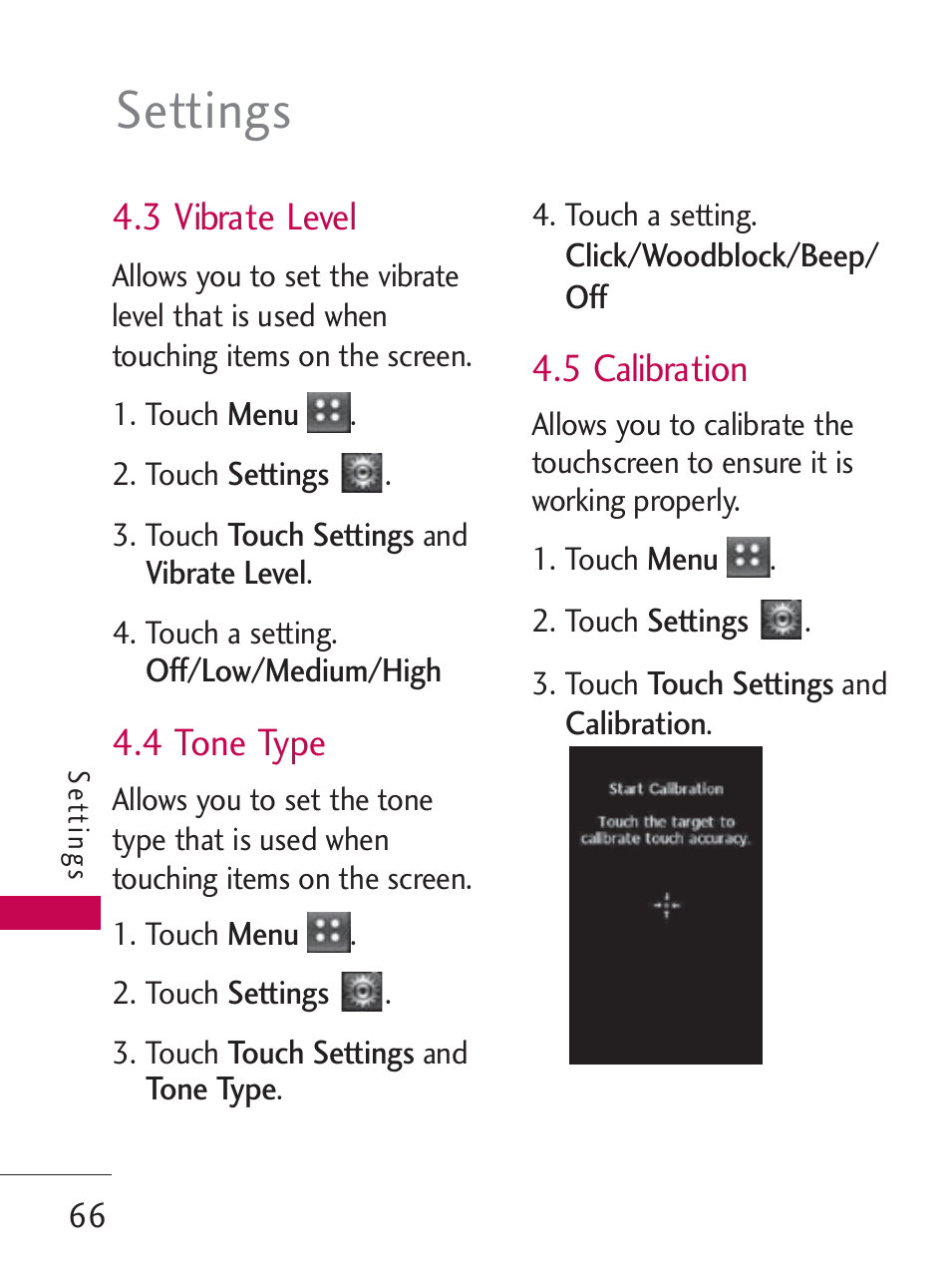 Settings, 3 vibrate level, 4 tone type | 5 calibration | LG LG505C User Manual | Page 68 / 245