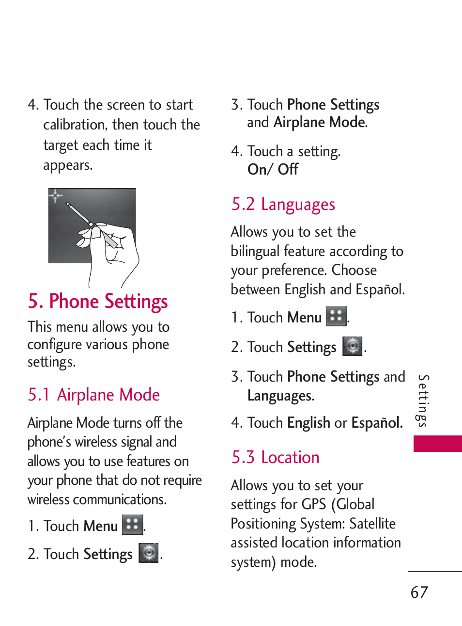 Phone settings, 1 airplane mode, 2 languages | 3 location | LG LG505C User Manual | Page 69 / 245