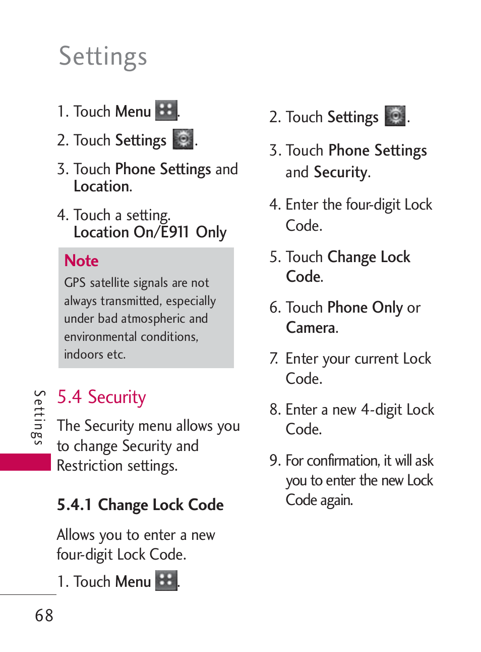 Settings, 4 security | LG LG505C User Manual | Page 70 / 245