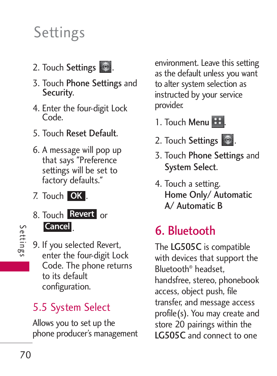 Settings, Bluetooth, 5 system select | LG LG505C User Manual | Page 72 / 245