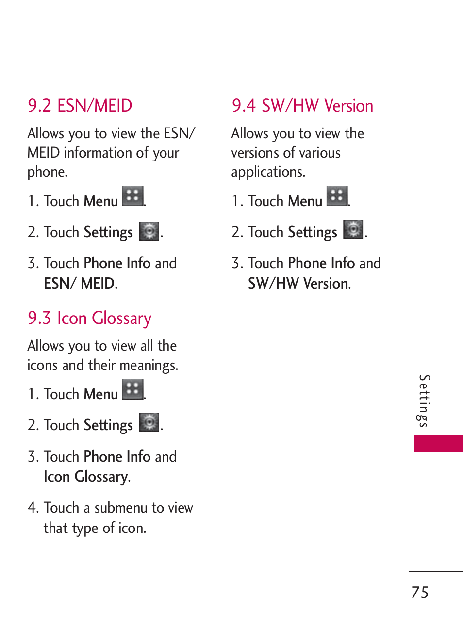 2 esn/meid, 3 icon glossary, 4 sw/hw version | LG LG505C User Manual | Page 77 / 245