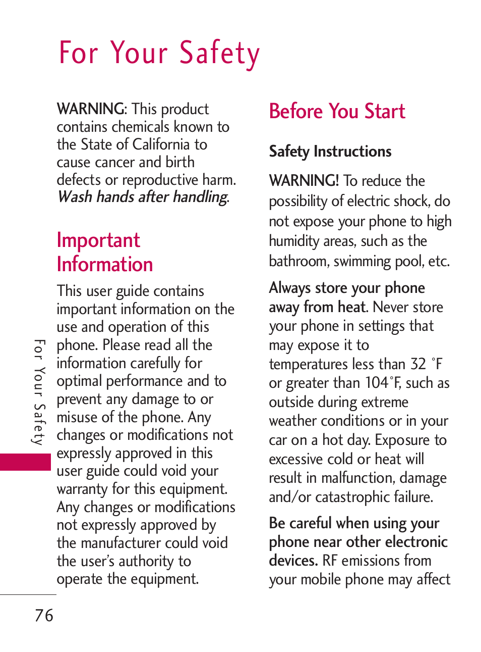 For your safety, Important information, Before you start | LG LG505C User Manual | Page 78 / 245