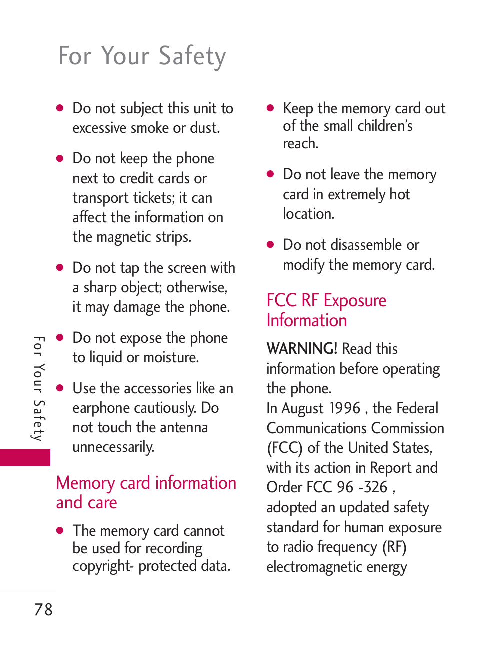 For your safety, Fcc rf exposure information | LG LG505C User Manual | Page 80 / 245