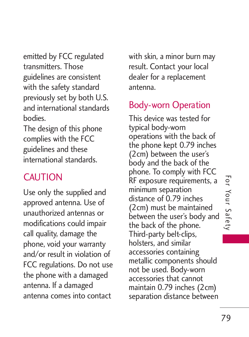 Caution, Body-worn operation | LG LG505C User Manual | Page 81 / 245