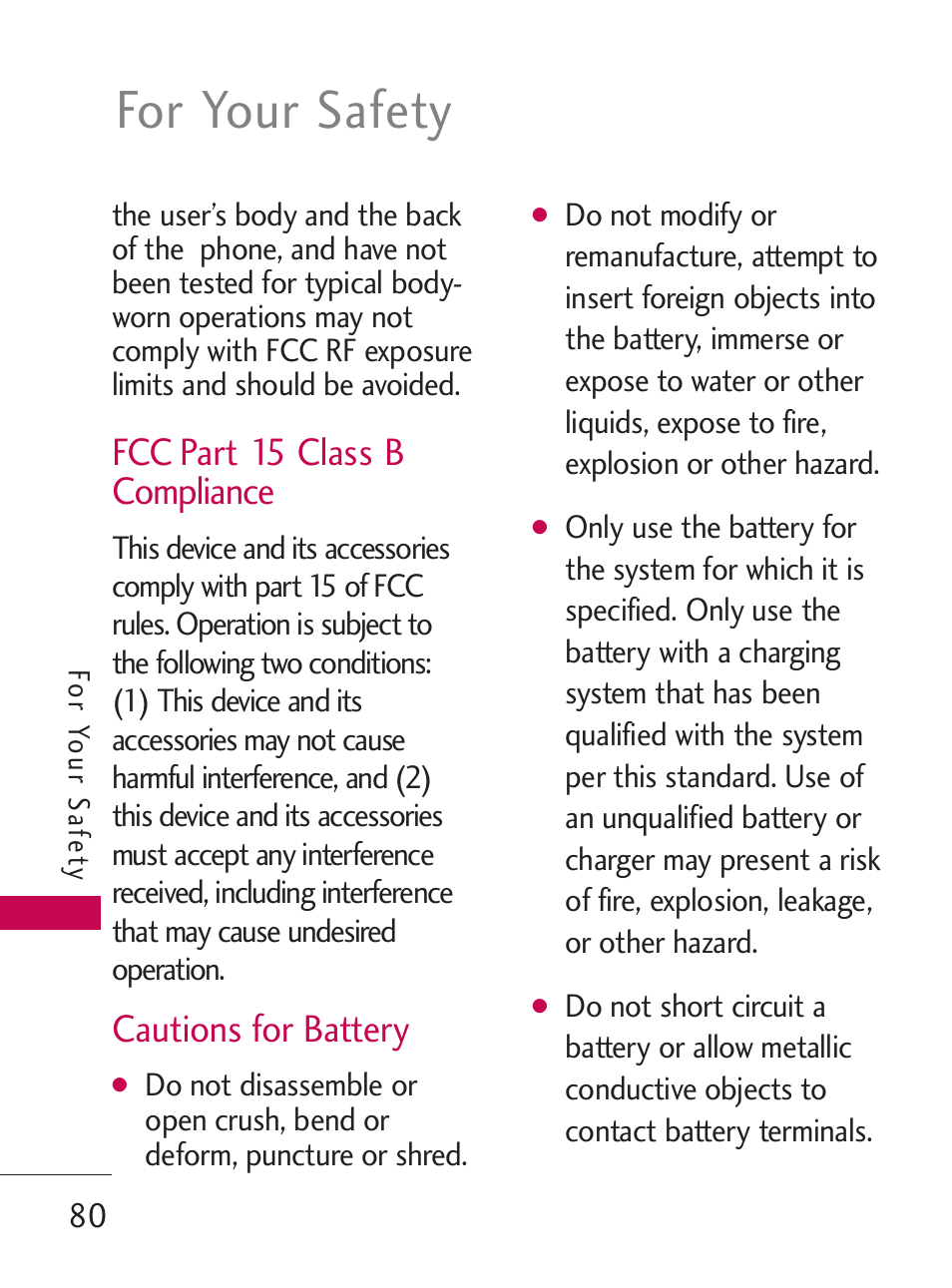 For your safety, Fcc part 15 class b compliance, Cautions for battery | LG LG505C User Manual | Page 82 / 245