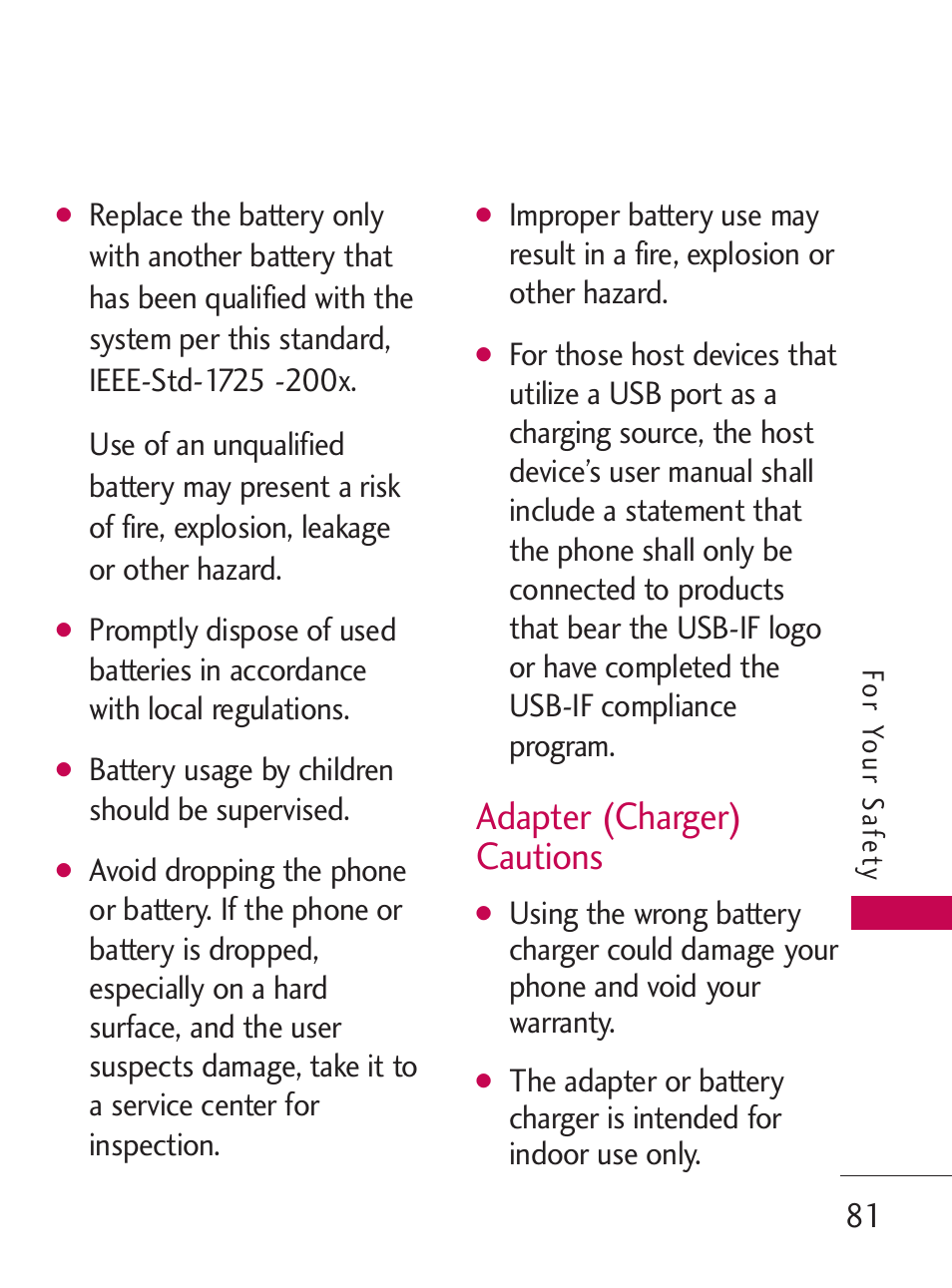 Adapter (charger) cautions | LG LG505C User Manual | Page 83 / 245