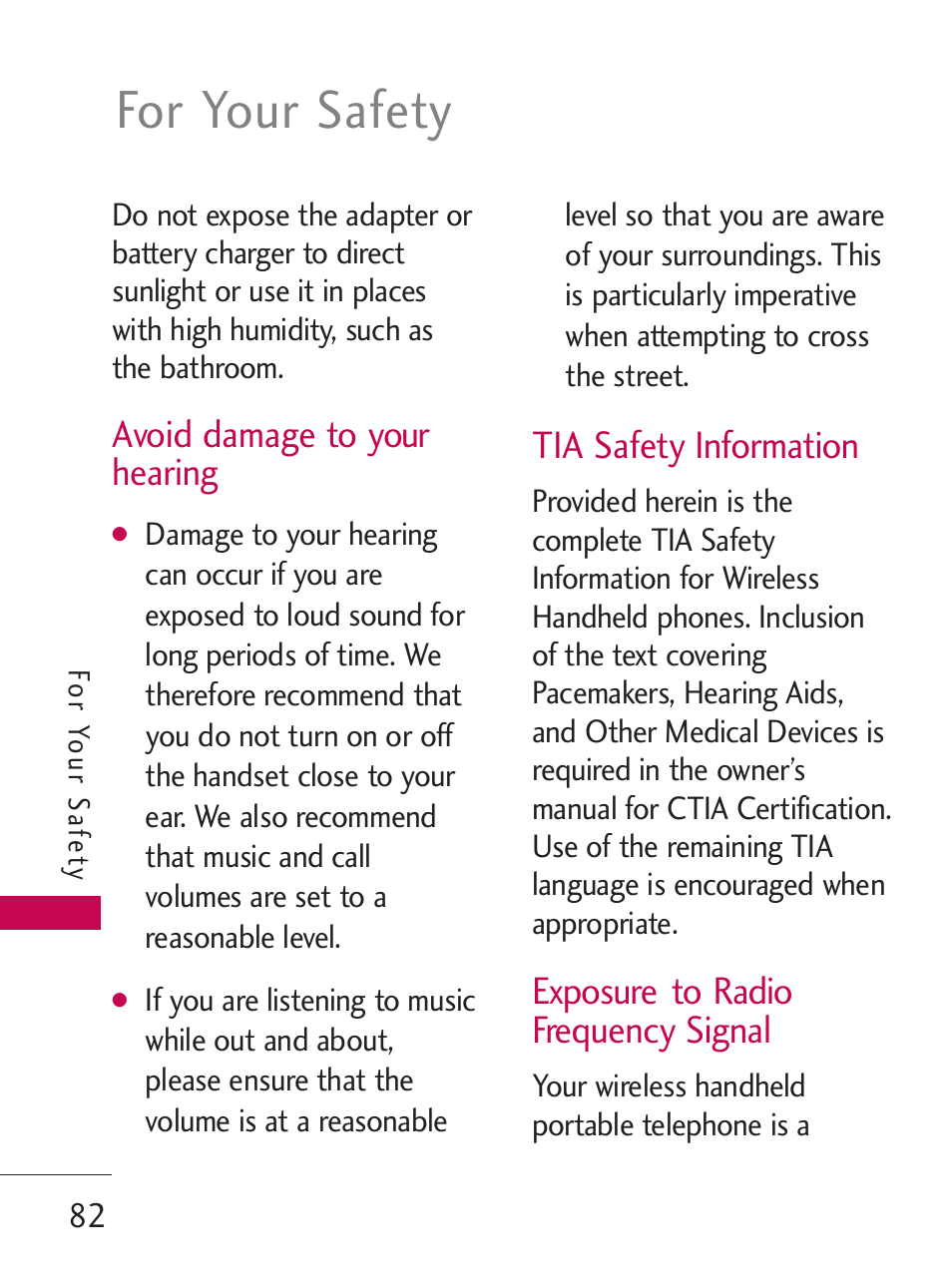 For your safety, Avoid damage to your hearing, Tia safety information | Exposure to radio frequency signal | LG LG505C User Manual | Page 84 / 245