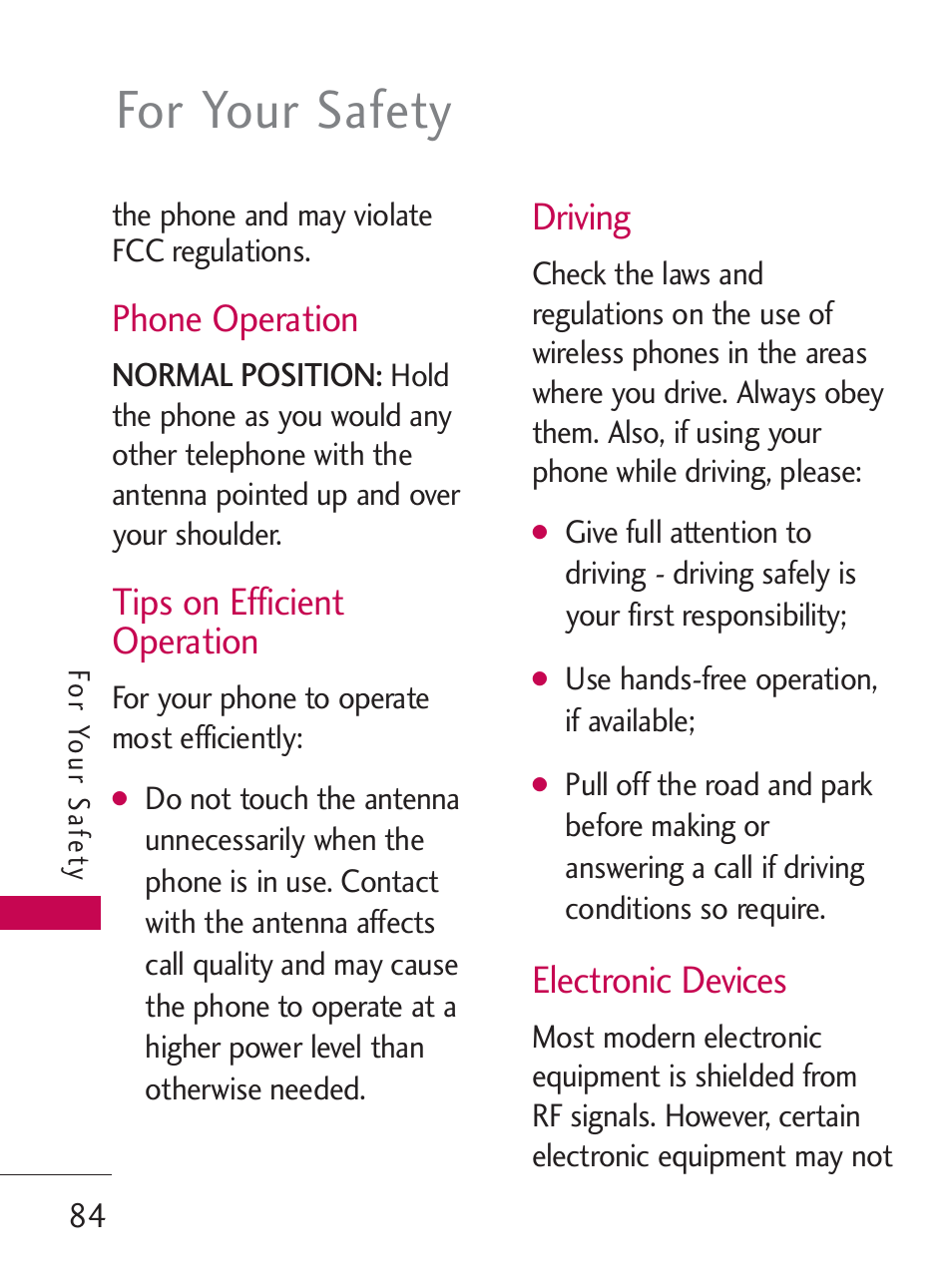 For your safety, Phone operation, Tips on efficient operation | Driving, Electronic devices | LG LG505C User Manual | Page 86 / 245