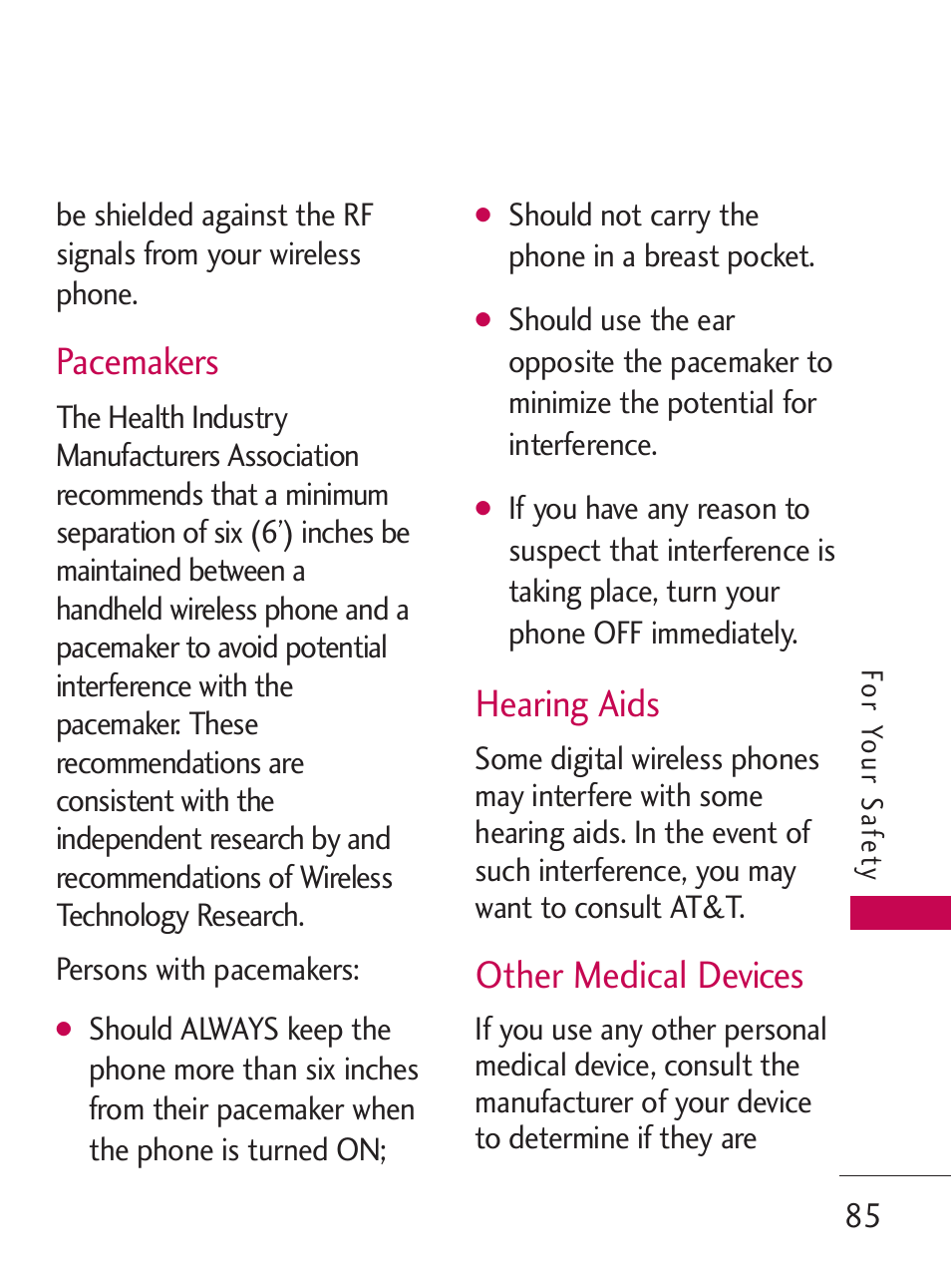 Pacemakers, Hearing aids, Other medical devices | LG LG505C User Manual | Page 87 / 245