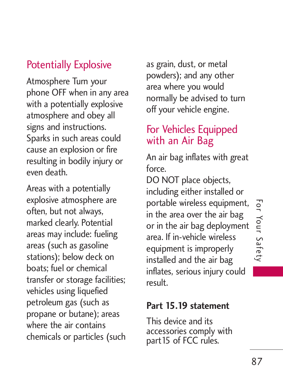 Potentially explosive, For vehicles equipped with an air bag | LG LG505C User Manual | Page 89 / 245