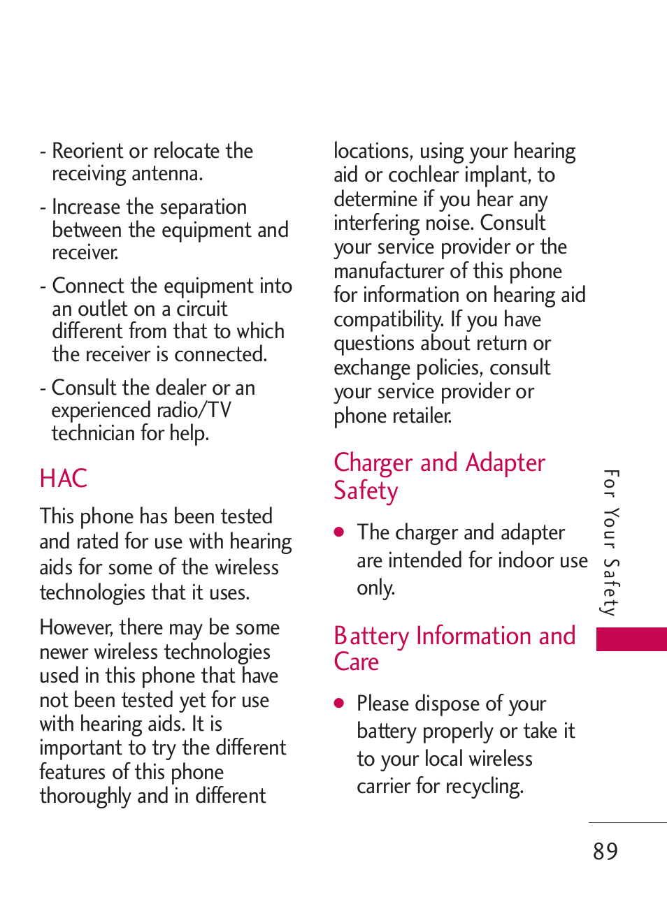 Charger and adapter safety, Battery information and care | LG LG505C User Manual | Page 91 / 245