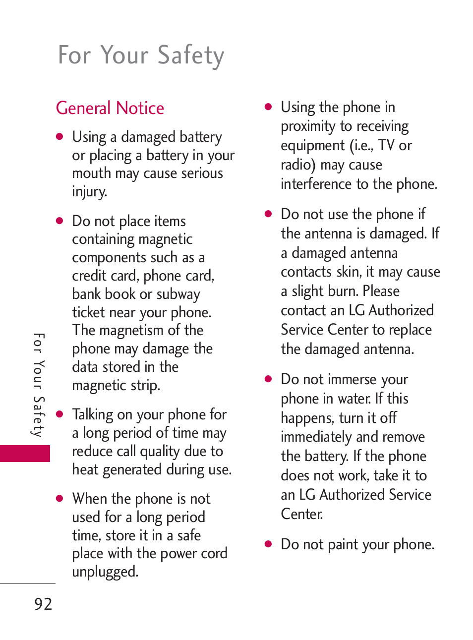 For your safety, General notice | LG LG505C User Manual | Page 94 / 245