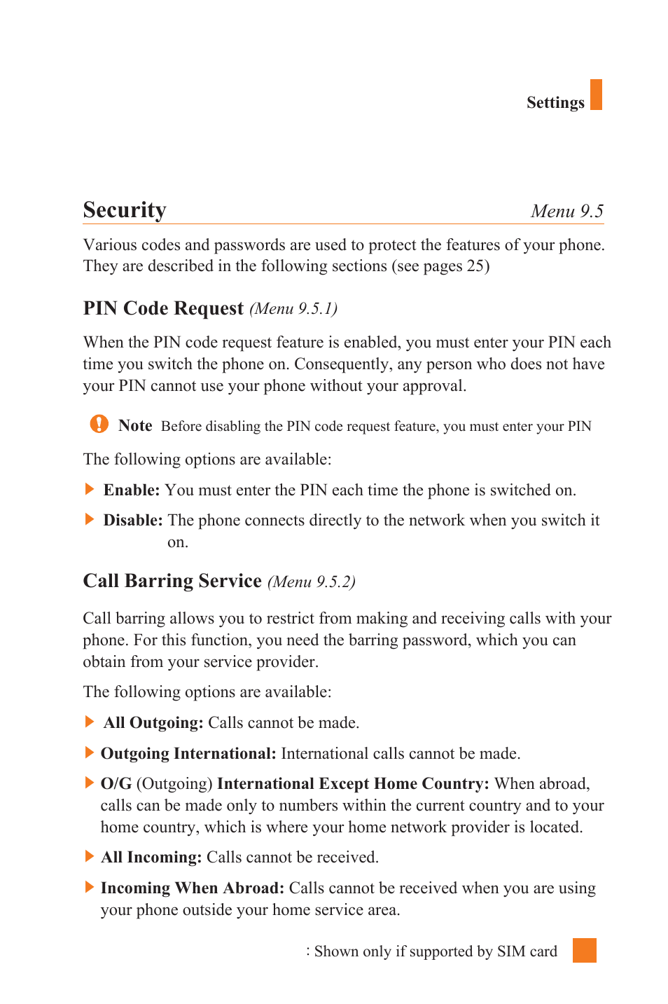 Security, Pin code request, Call barring service | LG L1400 User Manual | Page 103 / 132