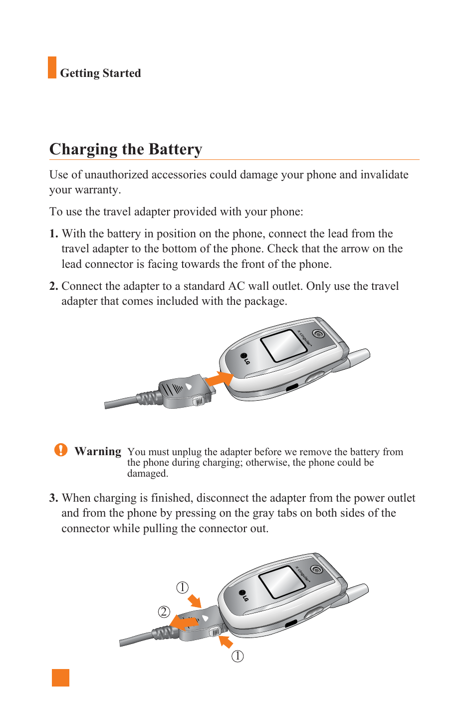 Charging the battery | LG L1400 User Manual | Page 20 / 132
