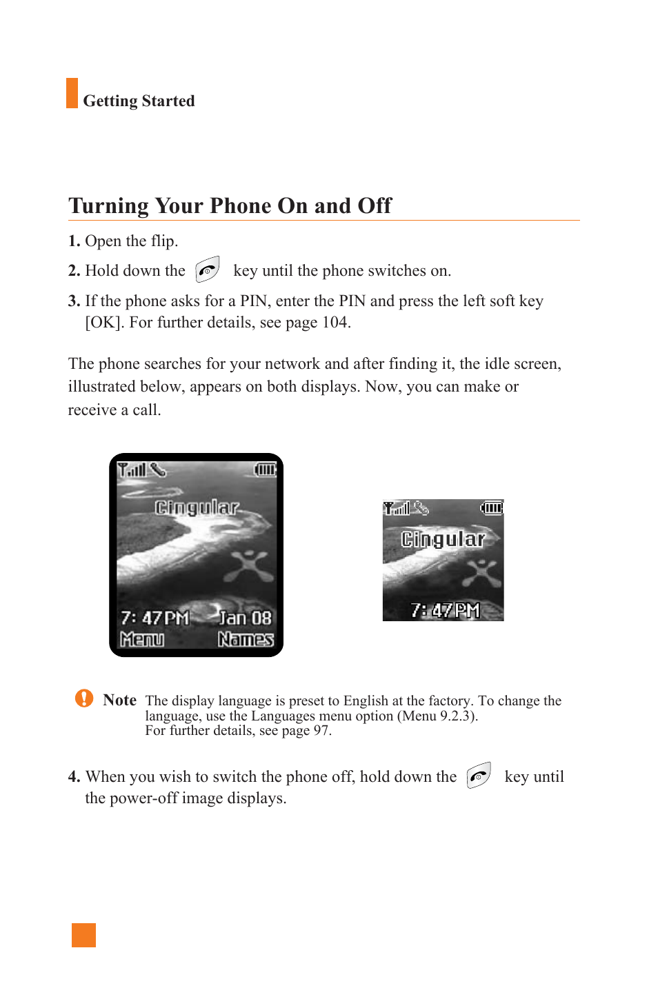 Turning your phone on and off | LG L1400 User Manual | Page 22 / 132