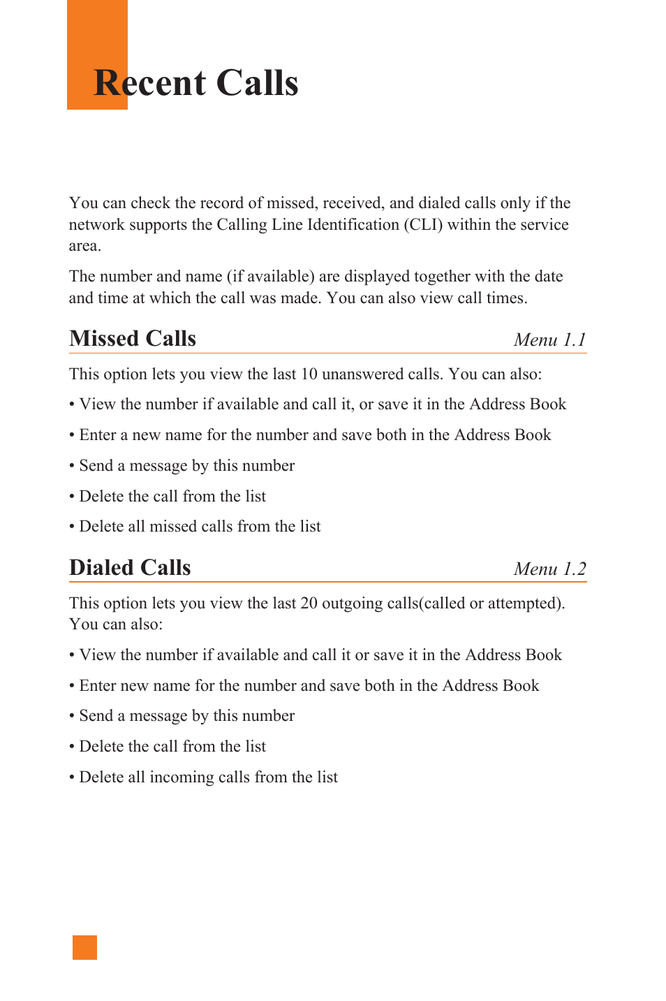 Recent calls, Missed calls, Dialed calls | LG L1400 User Manual | Page 40 / 132