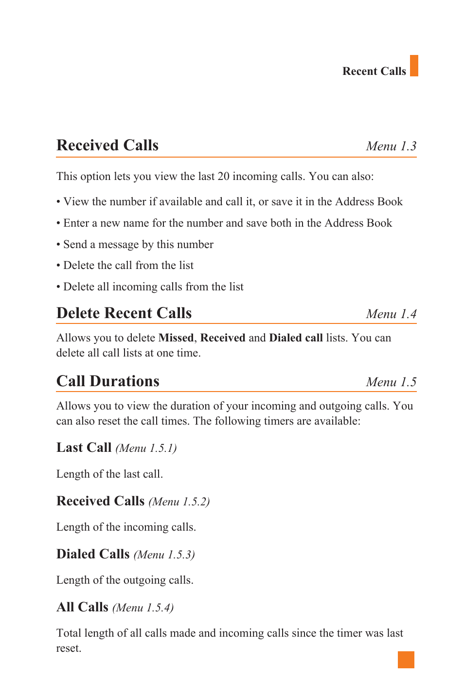 Received calls, Delete recent calls, Call durations | LG L1400 User Manual | Page 41 / 132