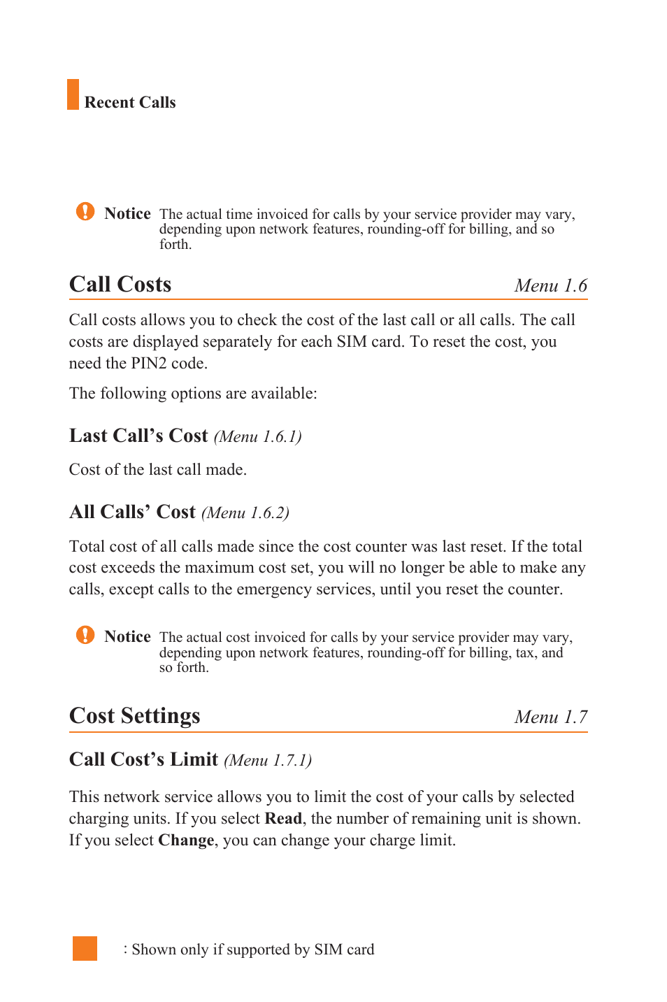 Call costs, Cost settings | LG L1400 User Manual | Page 42 / 132