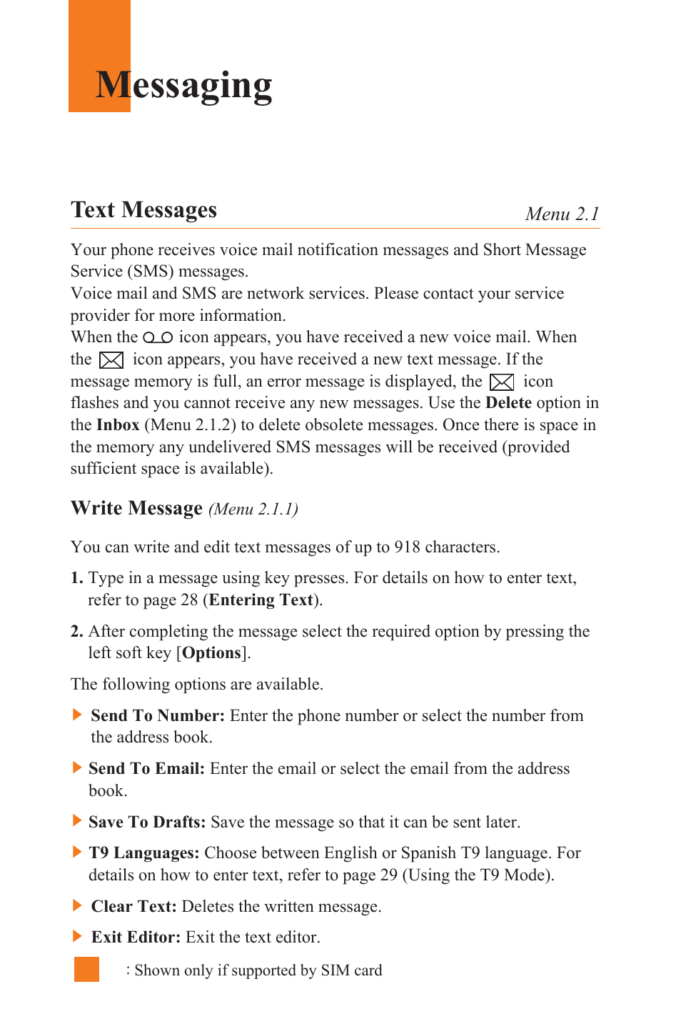 Messaging, Text messages | LG L1400 User Manual | Page 44 / 132