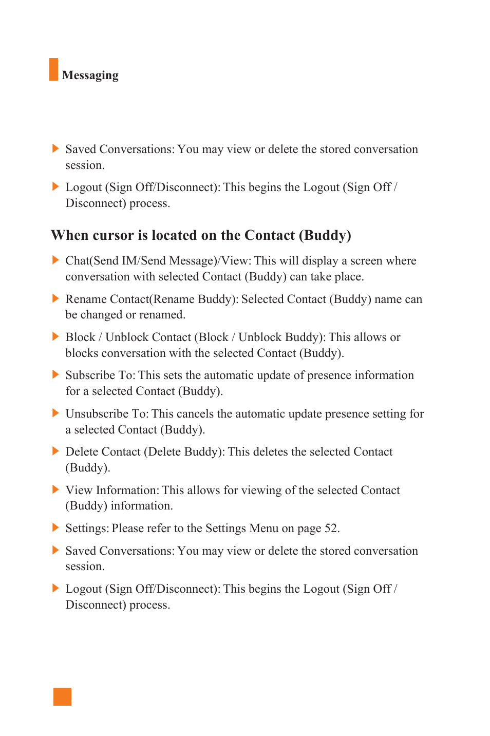 When cursor is located on the contact (buddy) | LG L1400 User Manual | Page 52 / 132